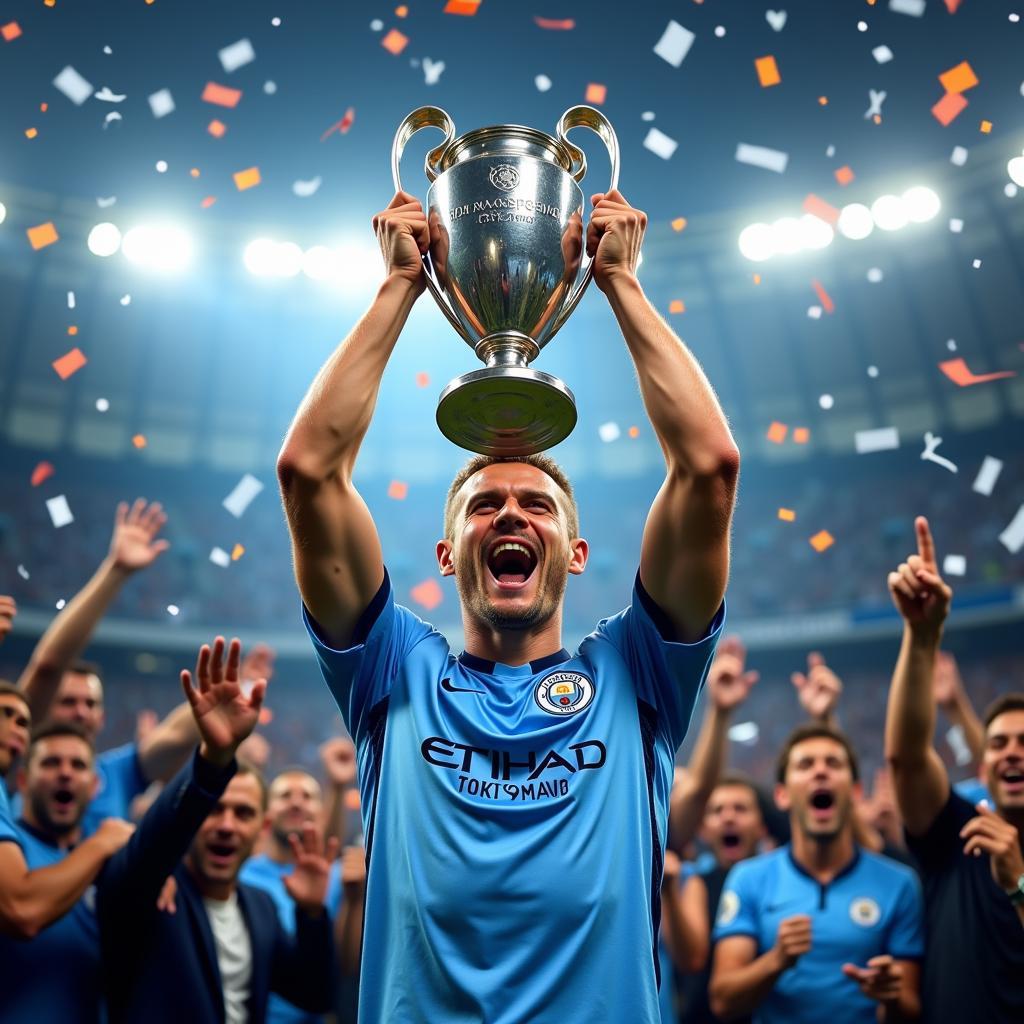 Erling Haaland holding the Champions League Trophy