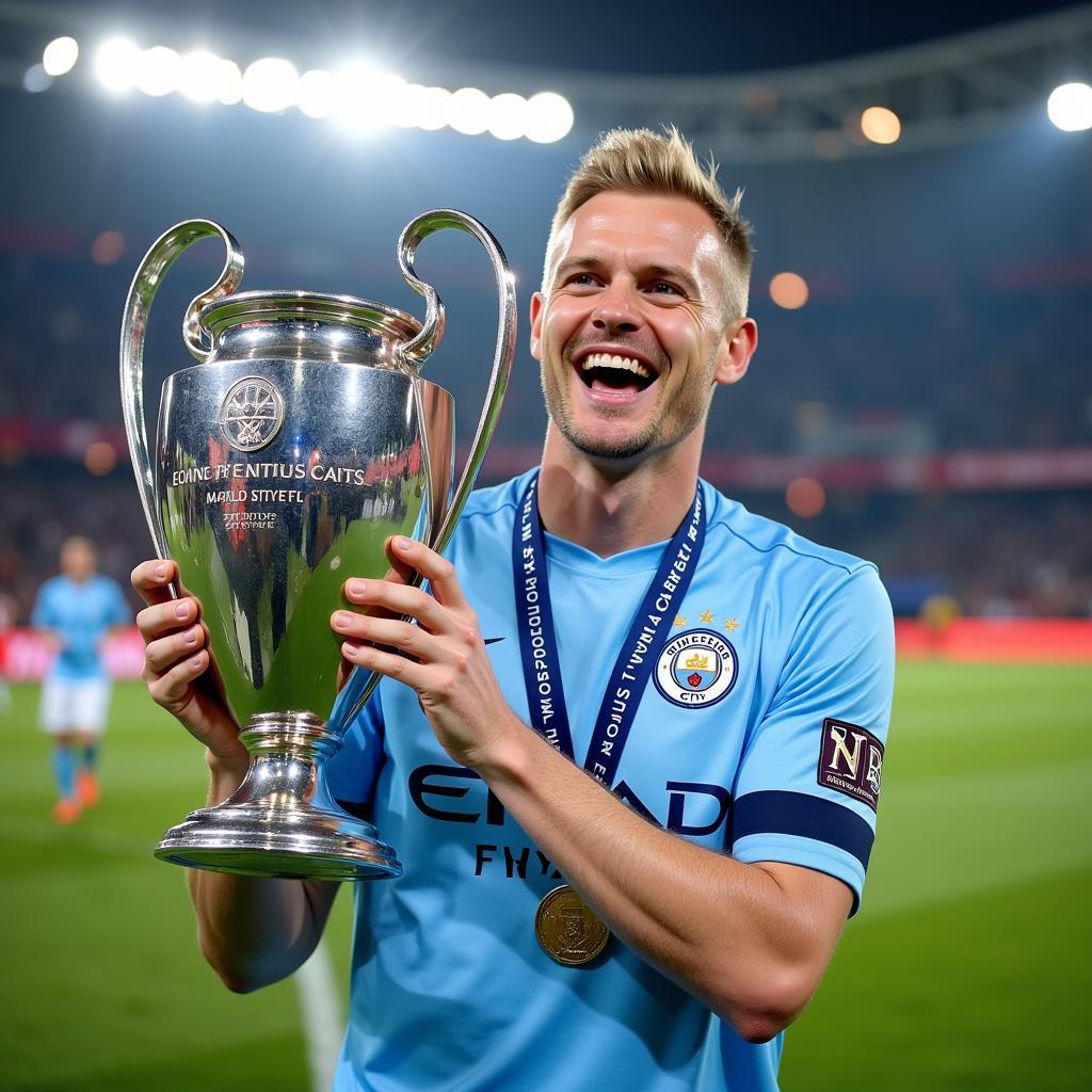 Haaland Holding the Champions League Trophy