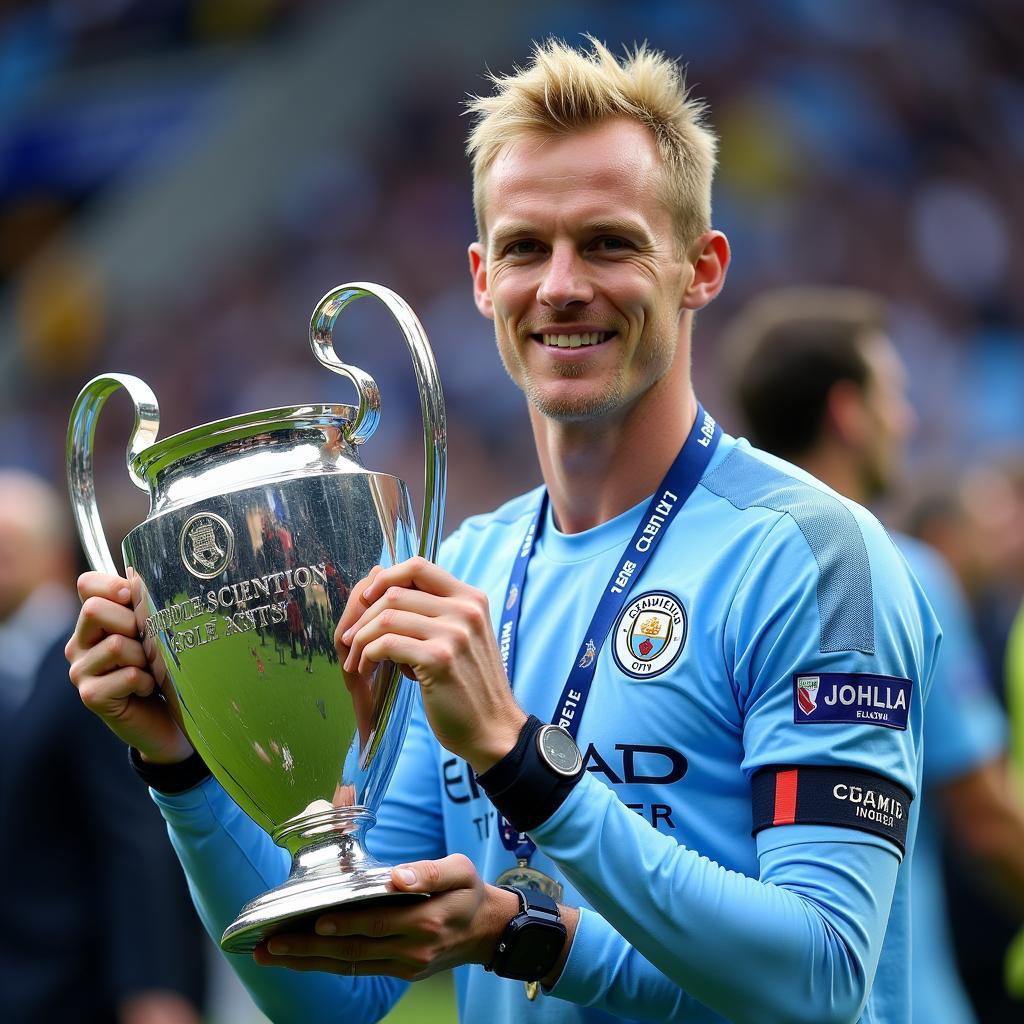 Haaland holding the Champions League Trophy