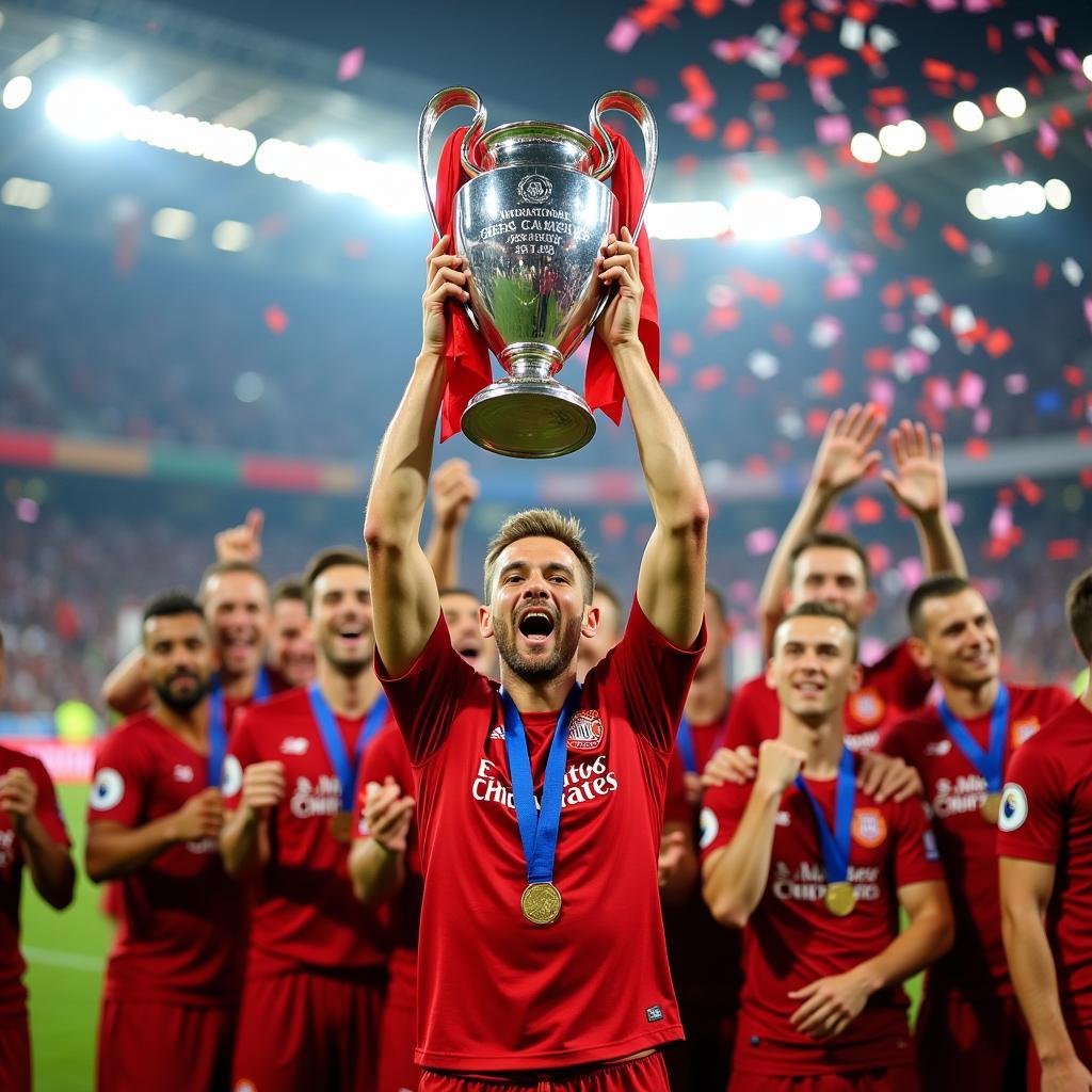 Erling Haaland lifting the Champions League trophy.