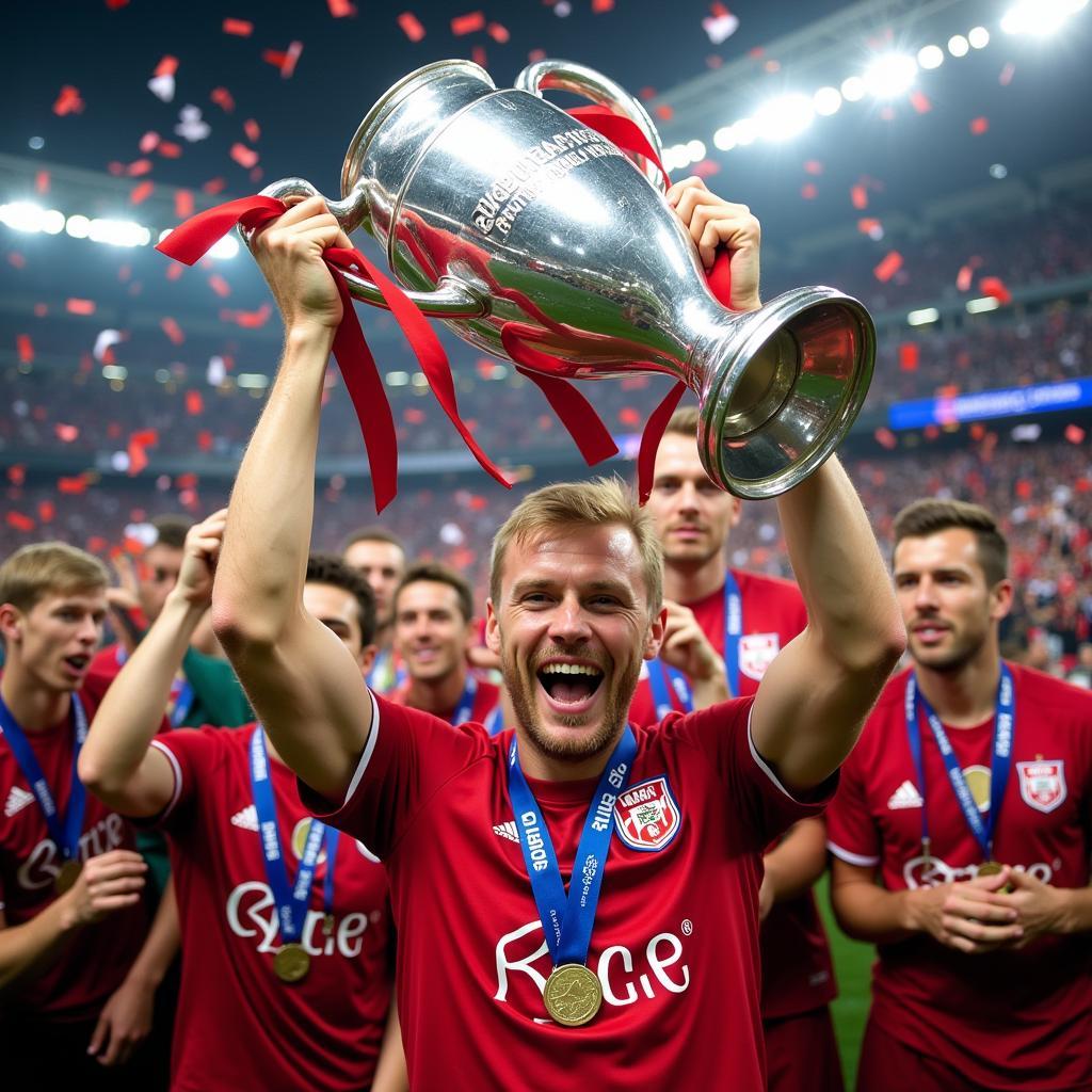 Haaland celebrates with the Champions League trophy