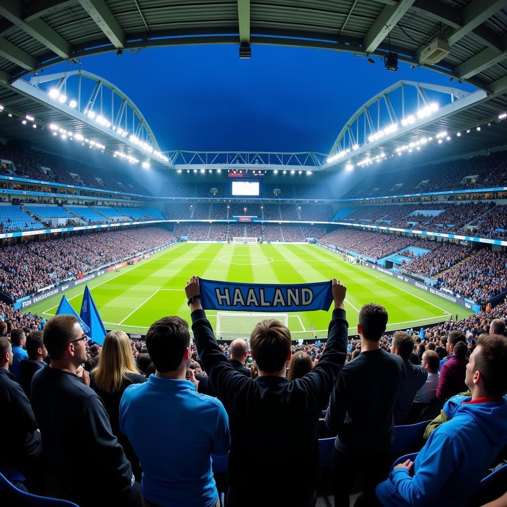 Man City fans chanting the Haaland song at the Etihad Stadium