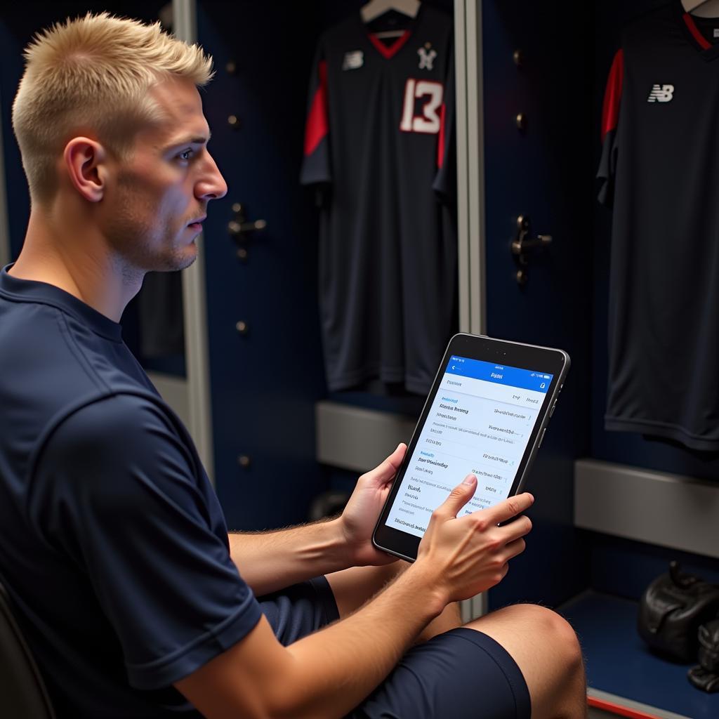 Erling Haaland checking the upcoming match schedule on a tablet