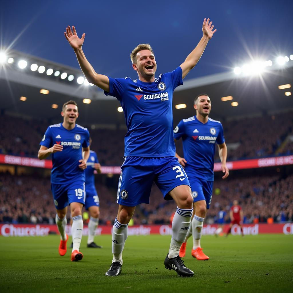 Haaland celebrating a goal in a Chelsea jersey