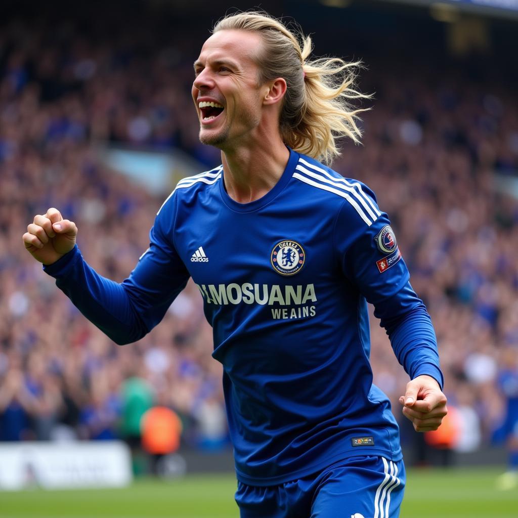 Erling Haaland Celebrates a Goal in a Chelsea Jersey