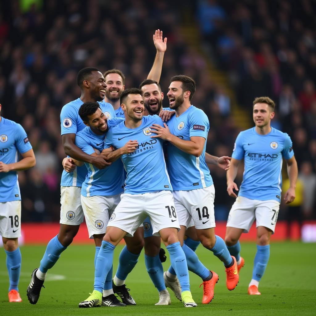 Haaland celebrating with Manchester City teammates