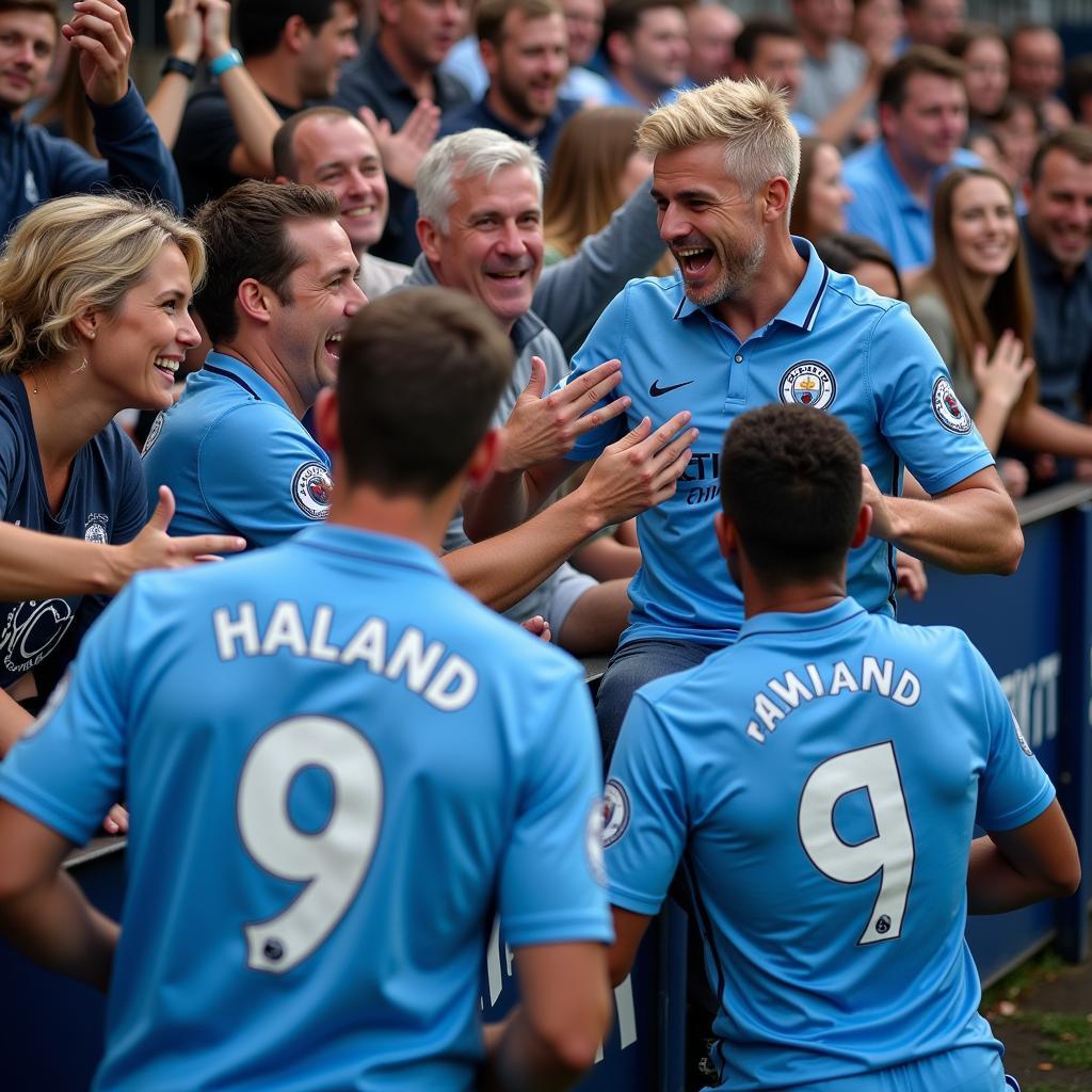 Haaland with City fans wearing his Number 9 Jersey