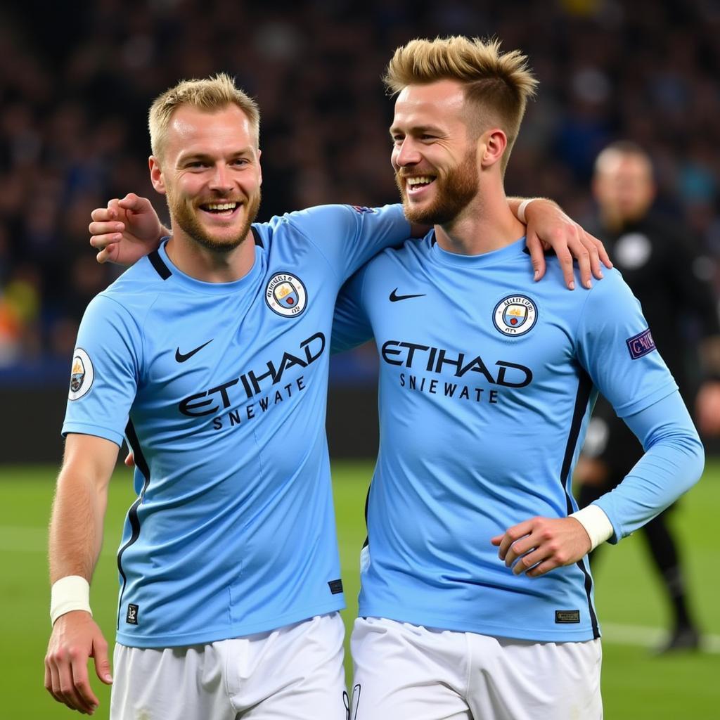 Haaland and De Bruyne celebrate a goal for Man City