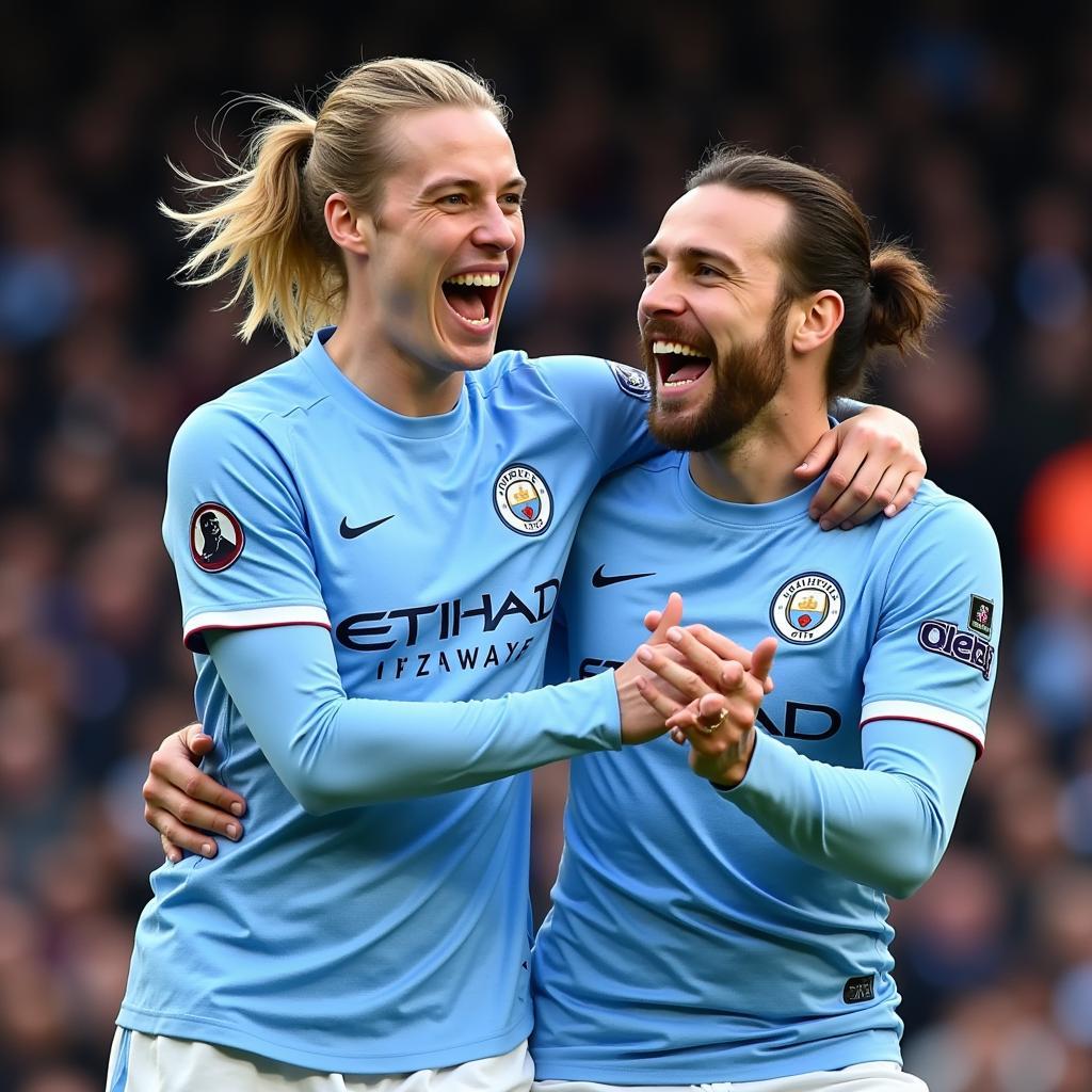 Haaland and De Bruyne celebrating a Man City victory