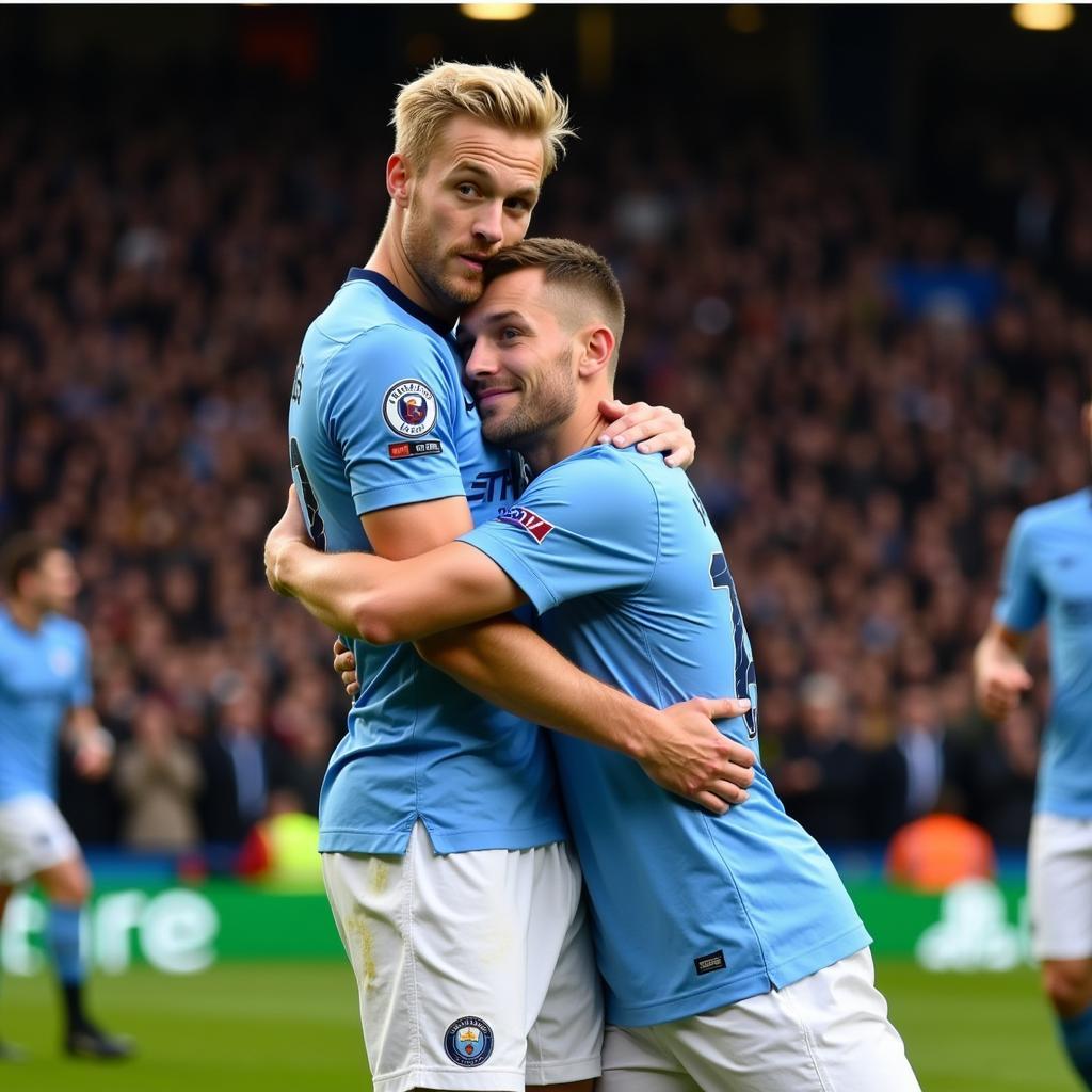 Haaland and De Bruyne celebrating a goal against Chelsea