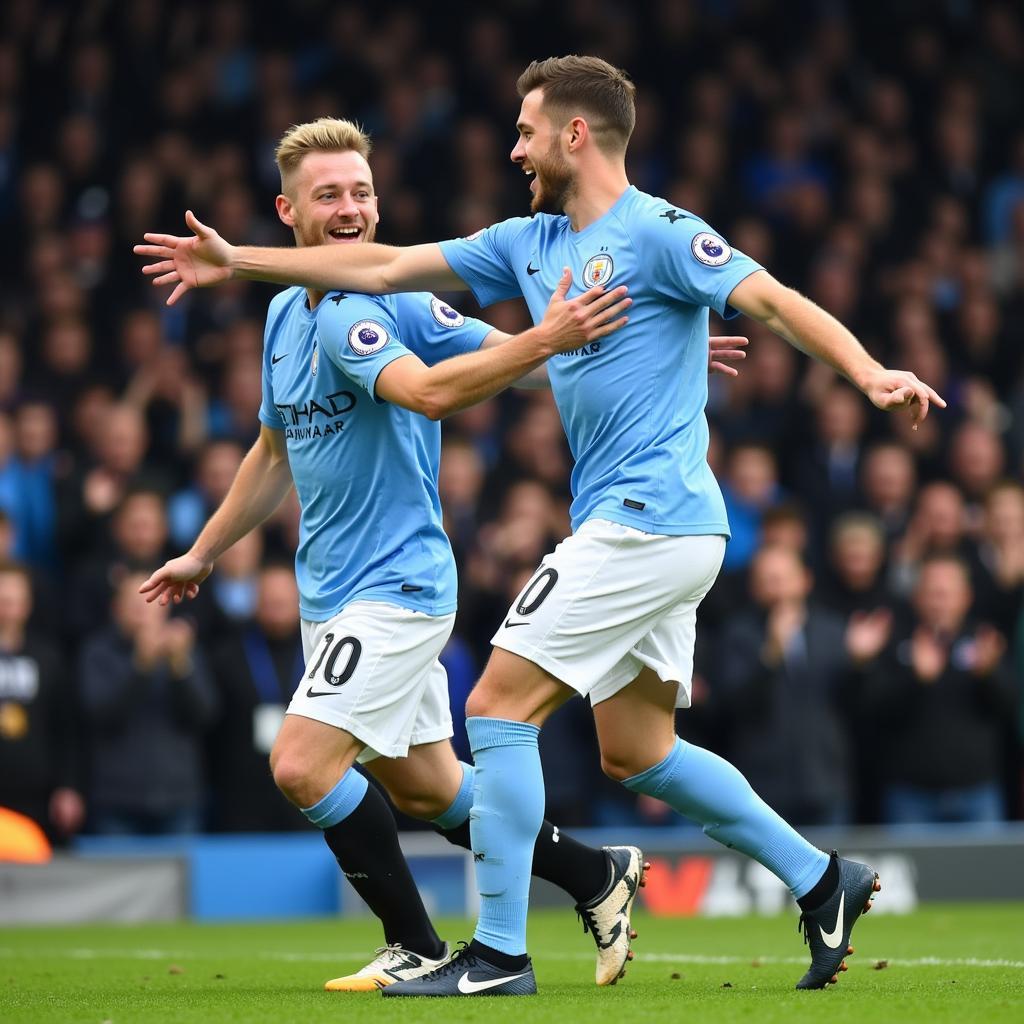 Haaland and De Bruyne celebrate a goal