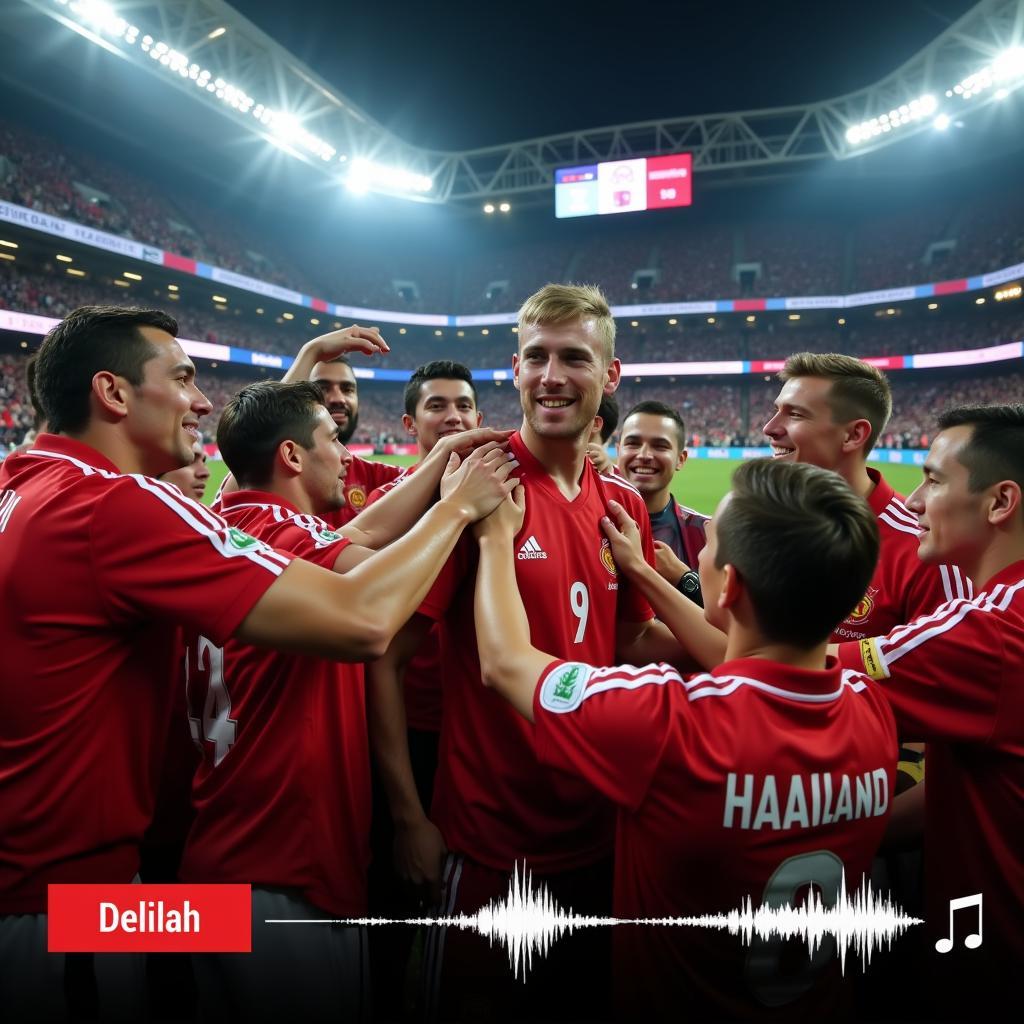 Haaland celebrating a goal with teammates, Delilah playing in the background