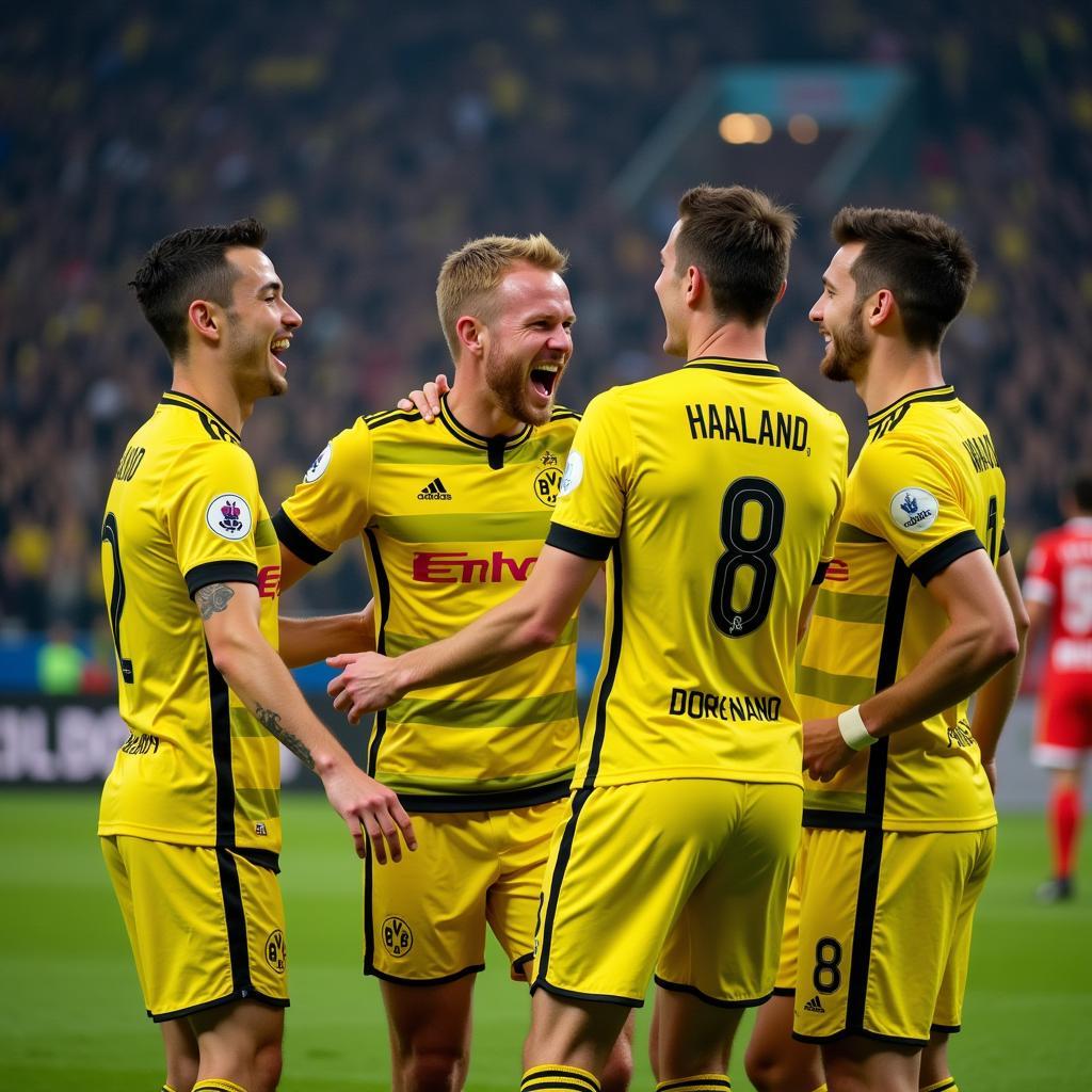 Haaland celebrating a goal in the DFB-Pokal with Dortmund teammates