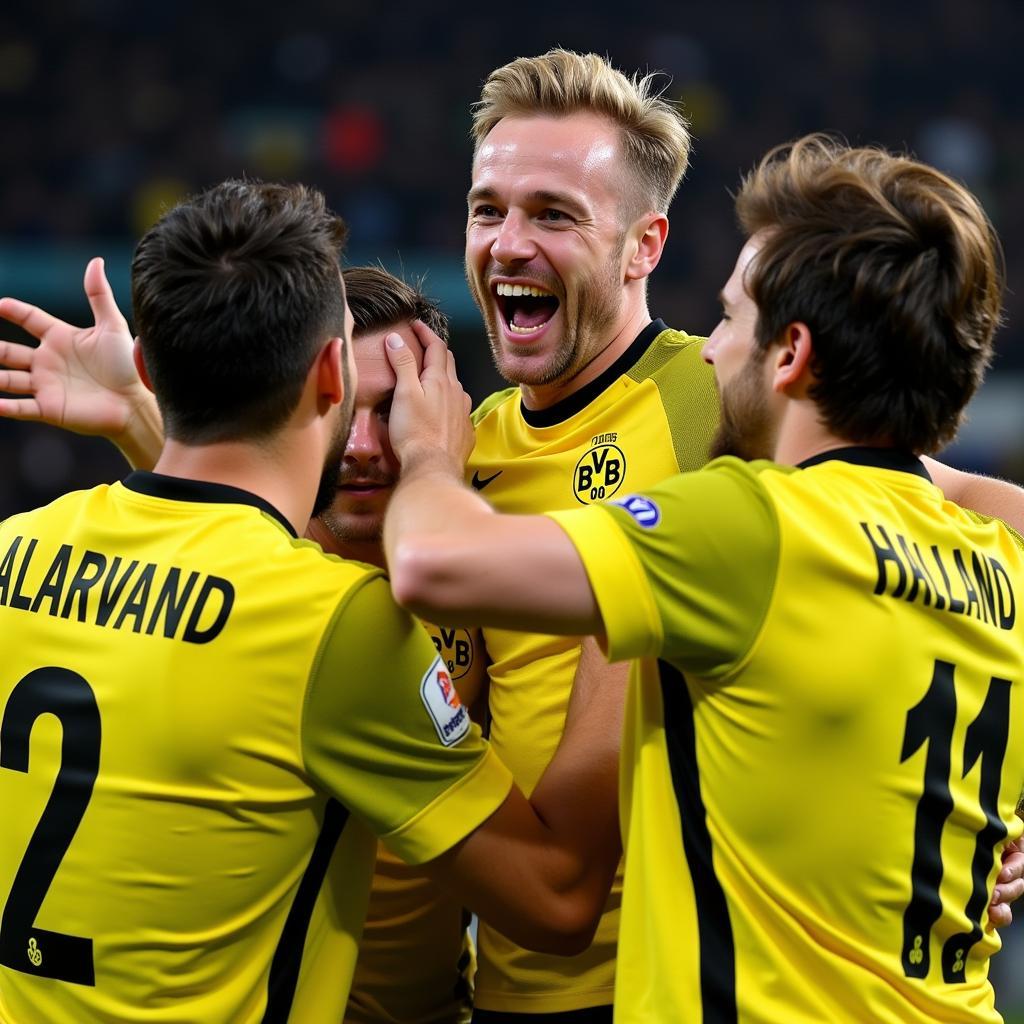 Haaland celebrates with Dortmund teammates after scoring