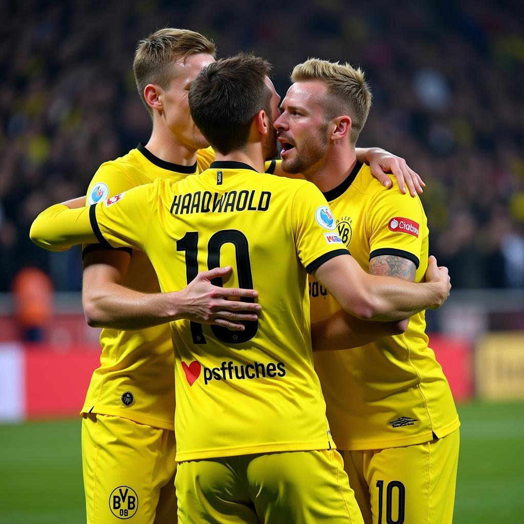 Haaland celebrating a goal with Dortmund teammates