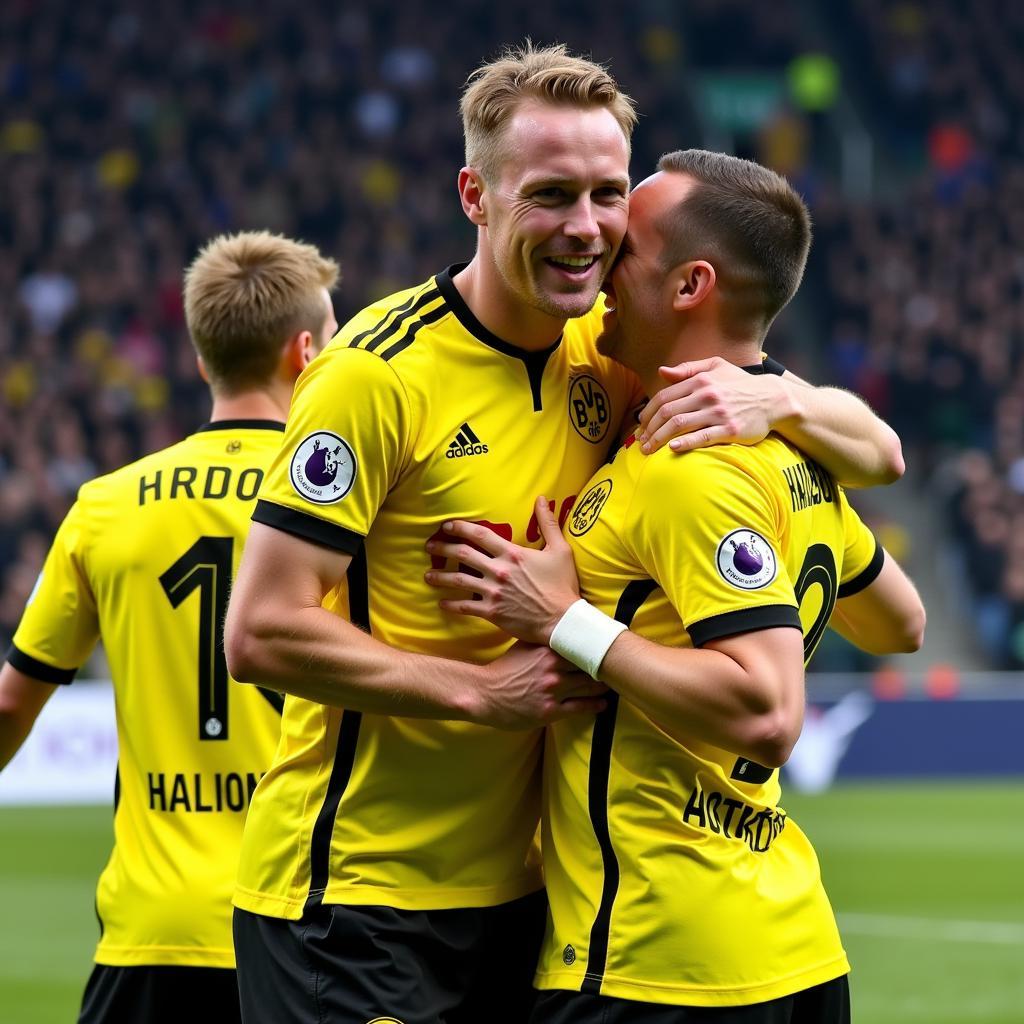 Haaland celebrating with Dortmund teammates