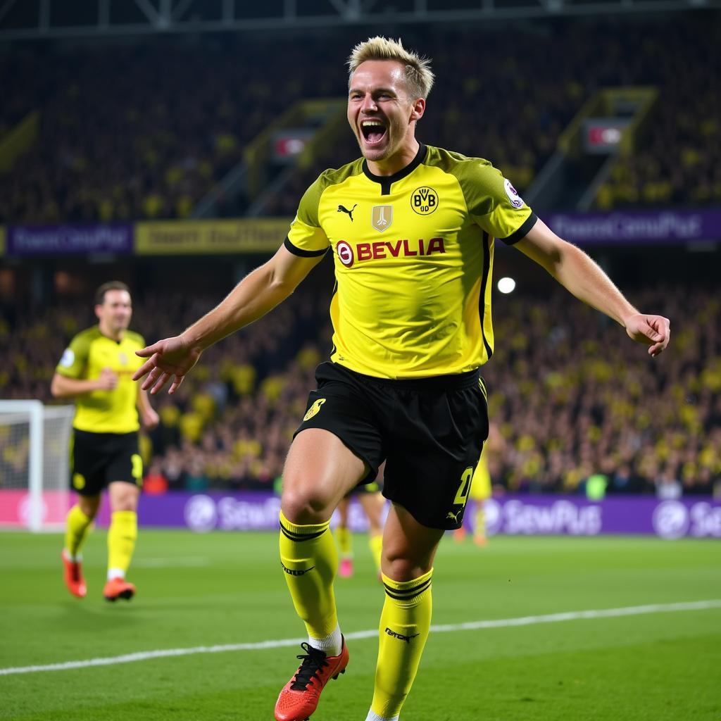 Erling Haaland celebrating a goal in the Champions League for Borussia Dortmund