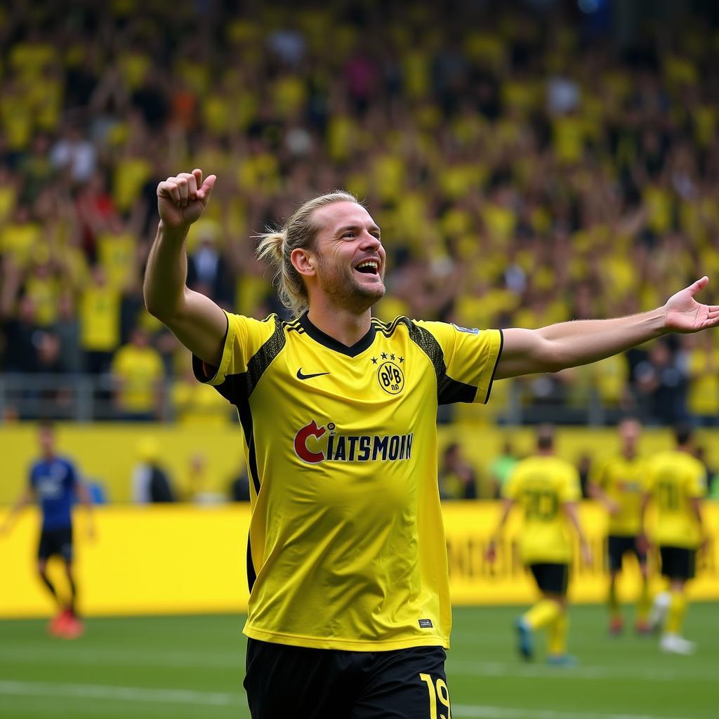 Erling Haaland celebrating a goal in a Borussia Dortmund jersey