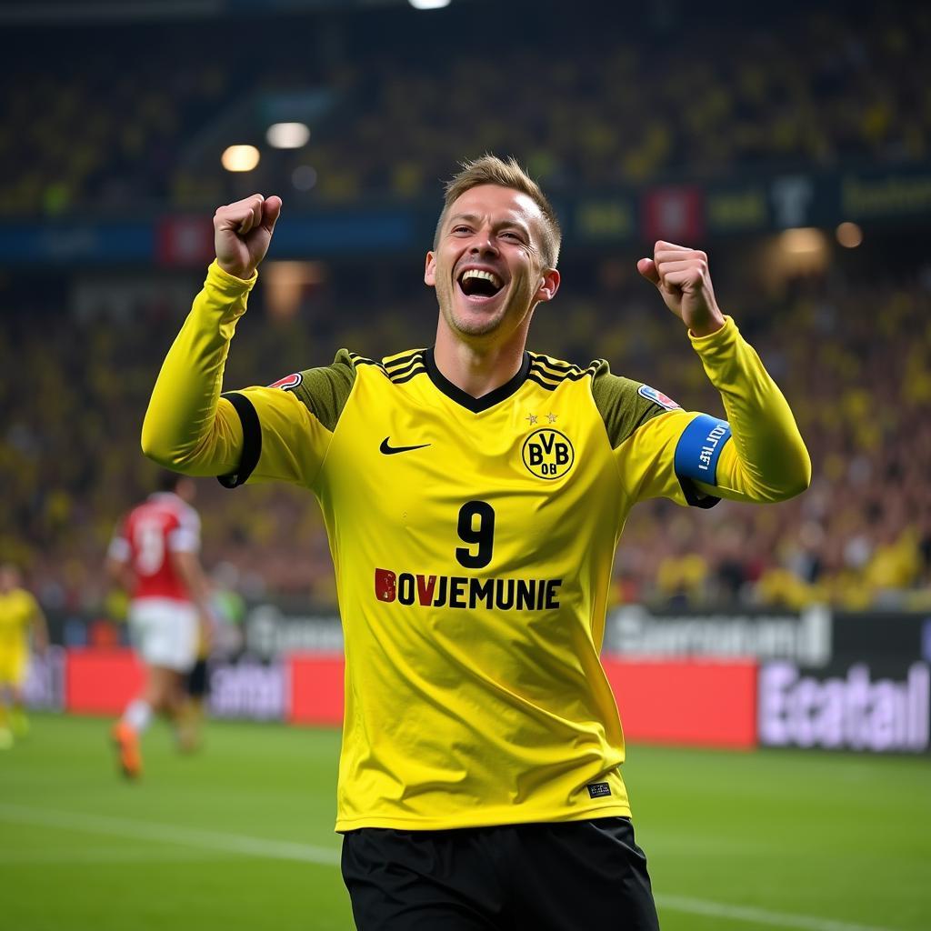 Erling Haaland celebrating a goal in his Borussia Dortmund number 9 jersey