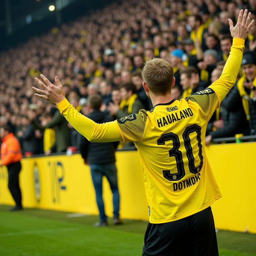 Haaland celebrating a goal in front of the Yellow Wall