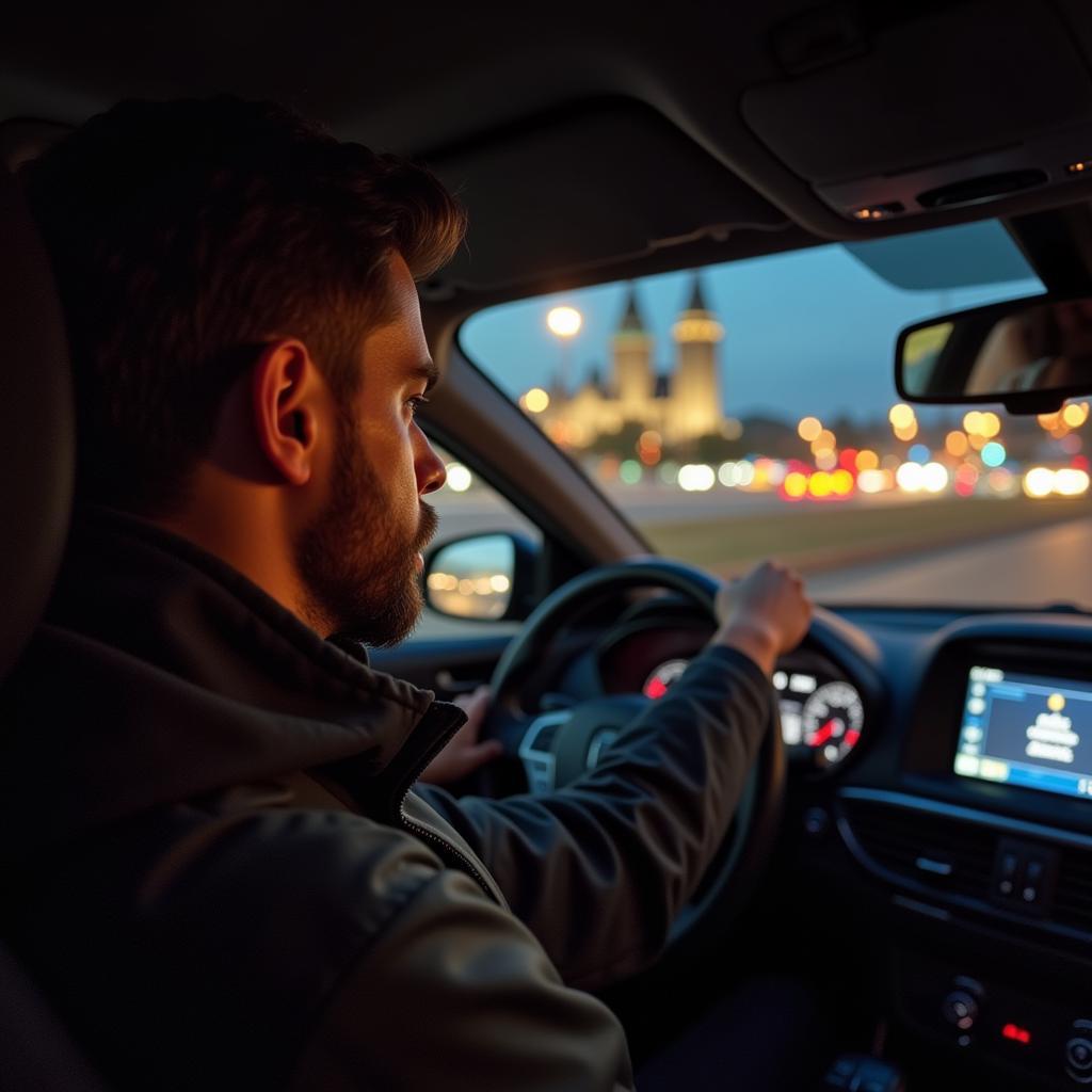 Haaland drives his new car through a vibrant cityscape.