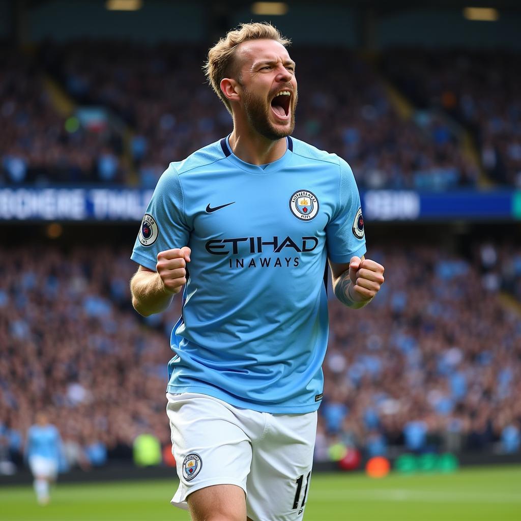 Haaland celebrating a goal in his Man City kit