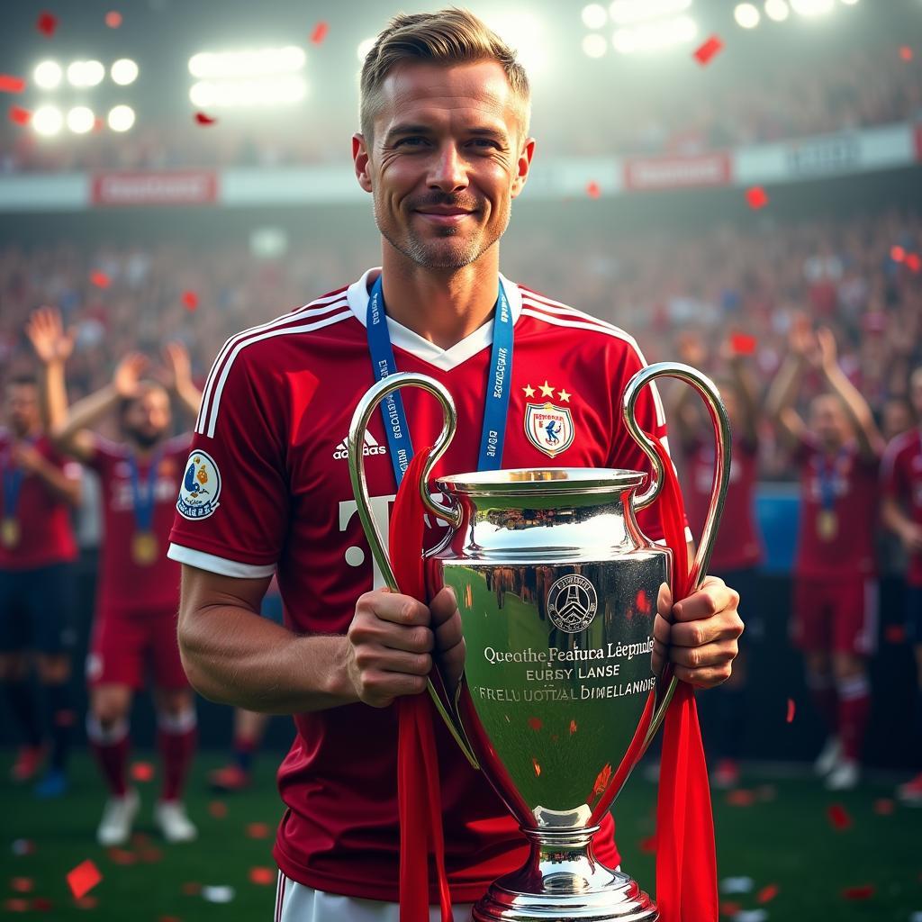 Erling Haaland holding the Champions League trophy in the future