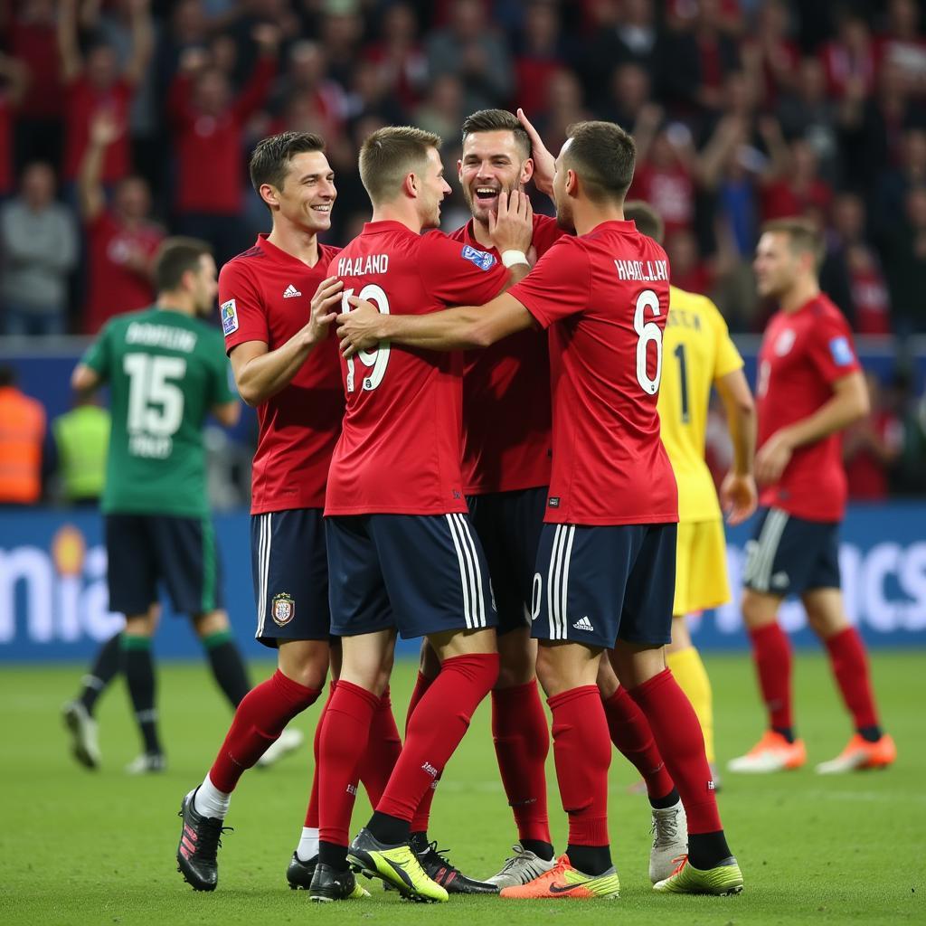 Erling Haaland celebrates a goal with teammates.