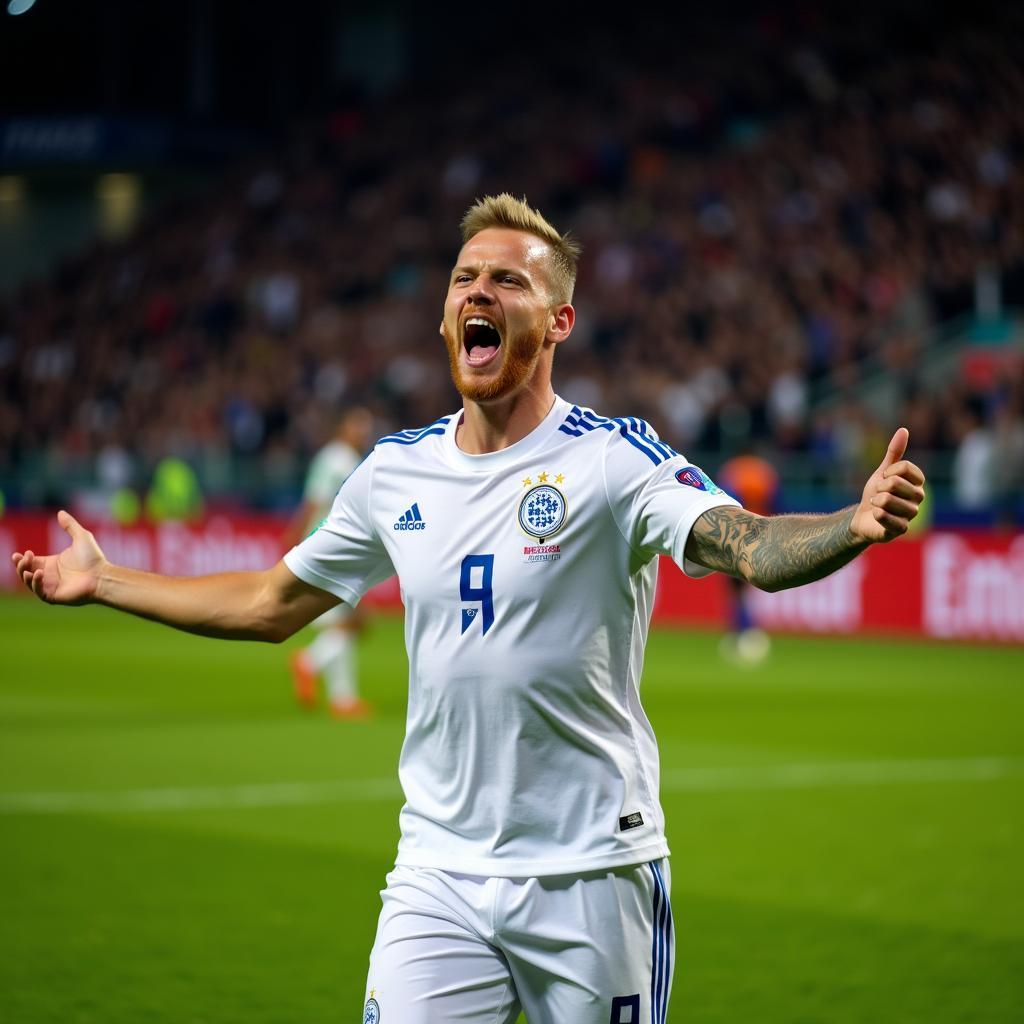 Erling Haaland celebrating a goal, arms outstretched, roaring in triumph, perfect for a phone wallpaper