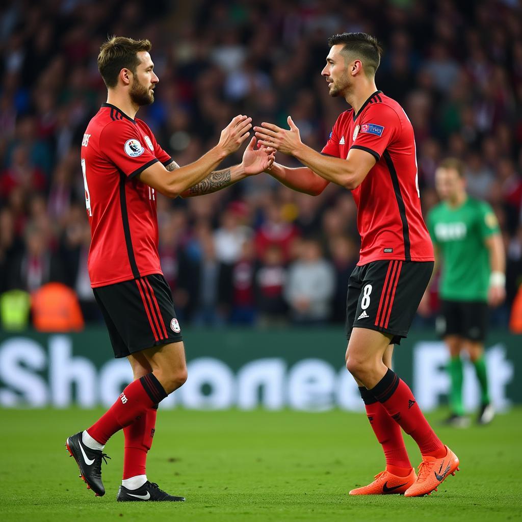 Haaland celebrating a goal with the opposing goalkeeper