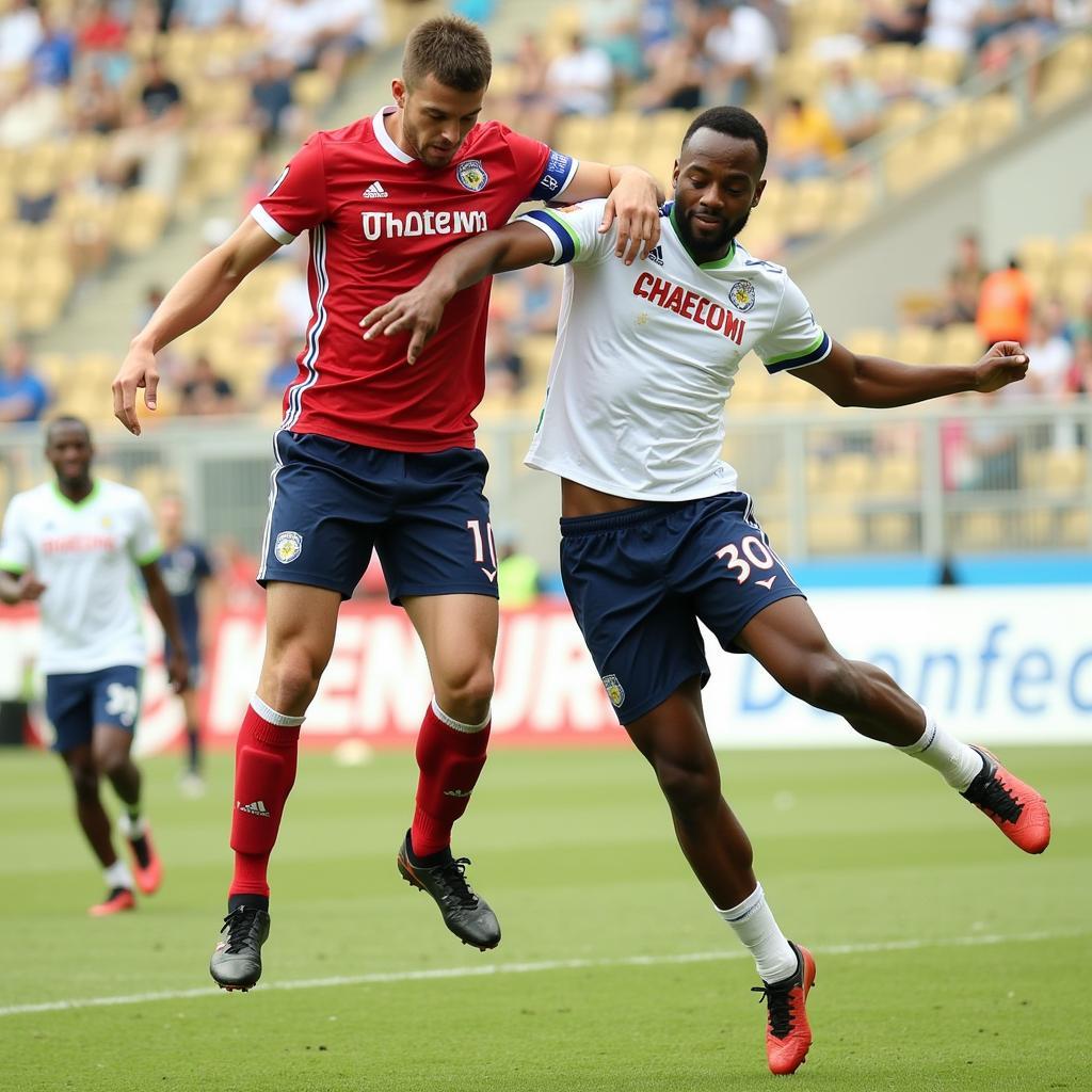 Haaland and Godfrey compete for a header