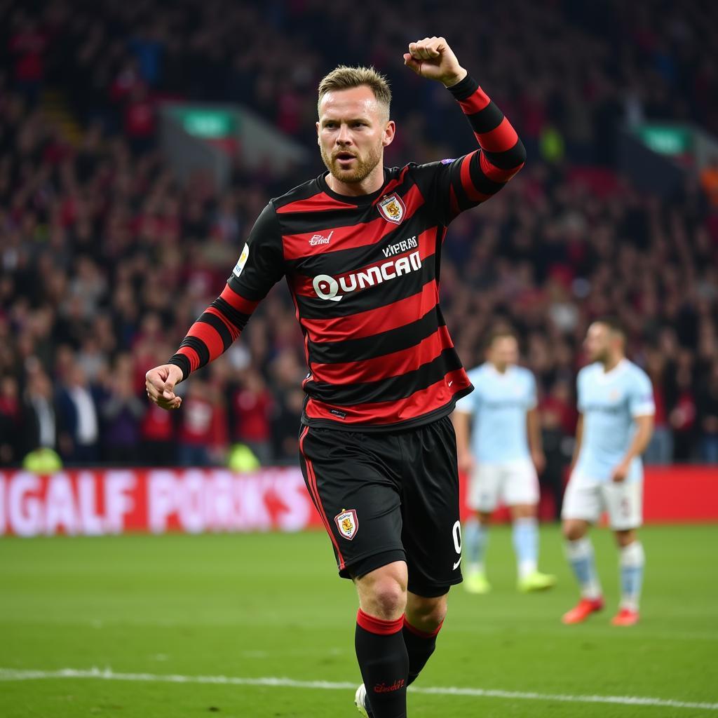 Erling Haaland celebrates a goal against a tough opponent, highlighting his prowess as a striker.