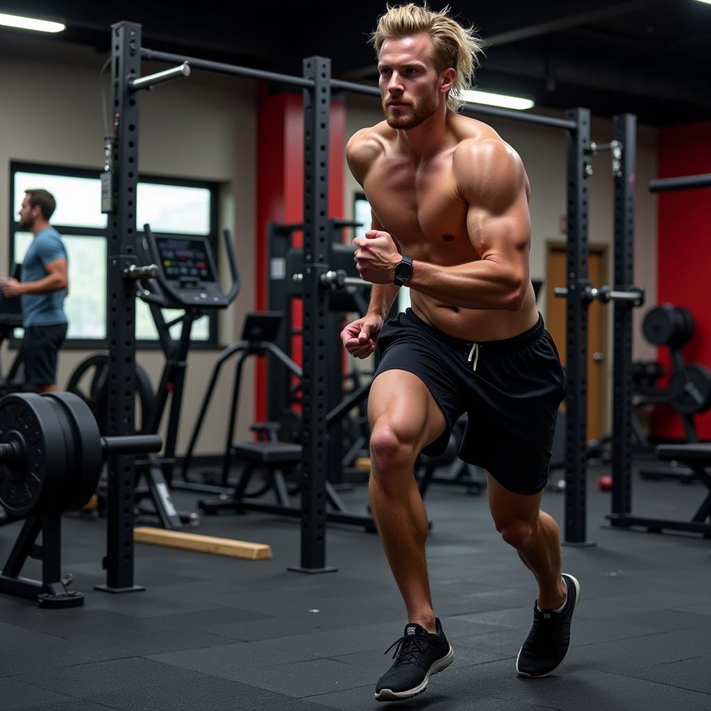 Erling Haaland undertaking strength and conditioning training in the gym.