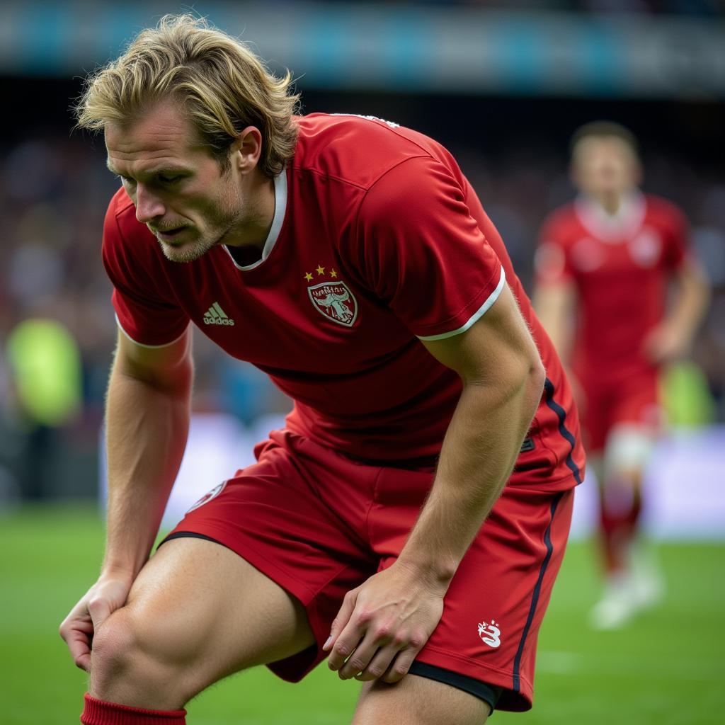 Erling Haaland hamstring injury - A close-up of Haaland clutching his hamstring during a match, highlighting the physical strain his playing style puts on his body.