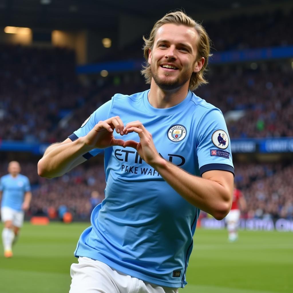 Haaland performing the heart celebration in a Man City kit