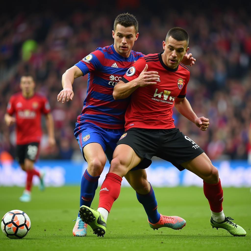 Haaland and Hernandez engaging in a physical battle for the ball