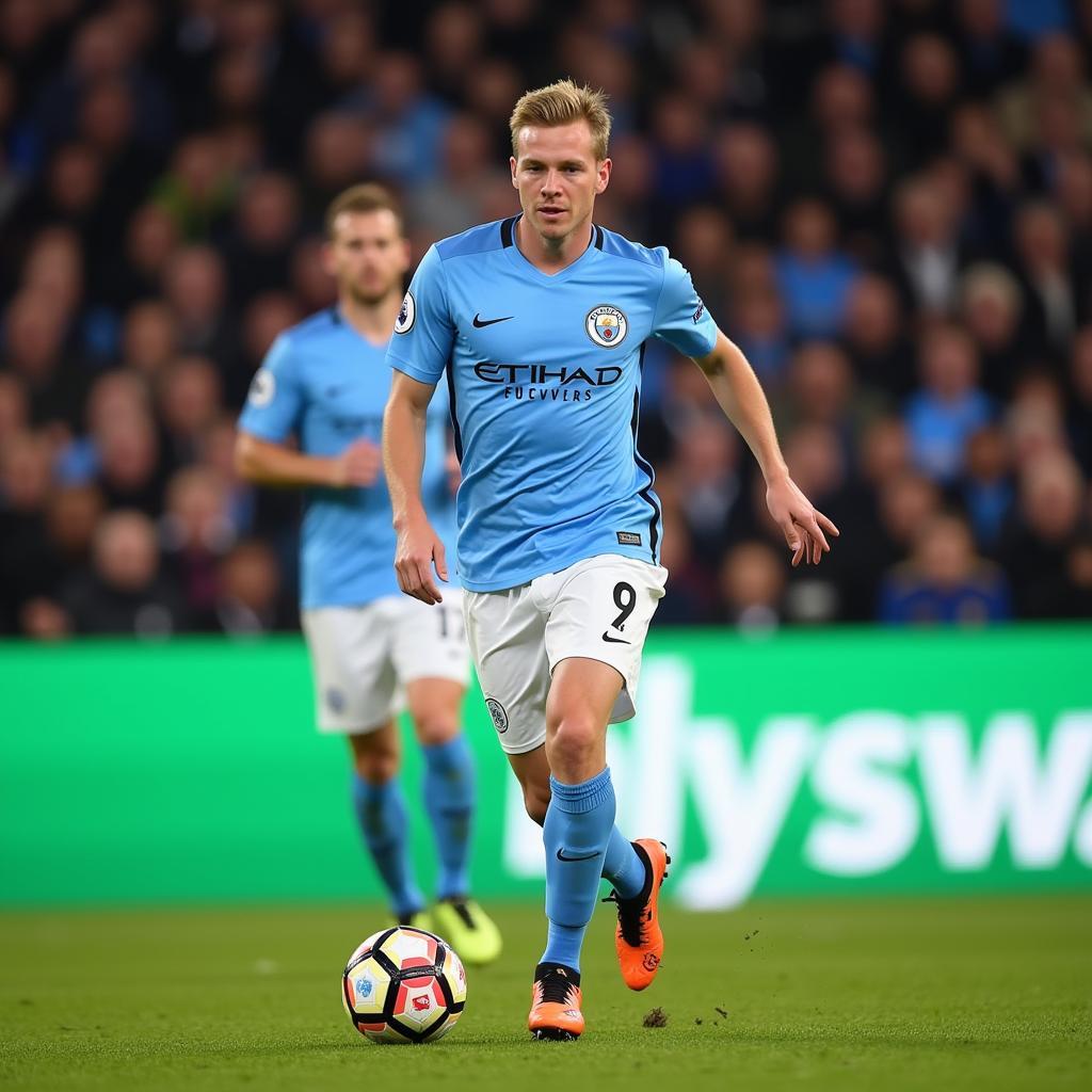 Haaland in action wearing his City Jersey