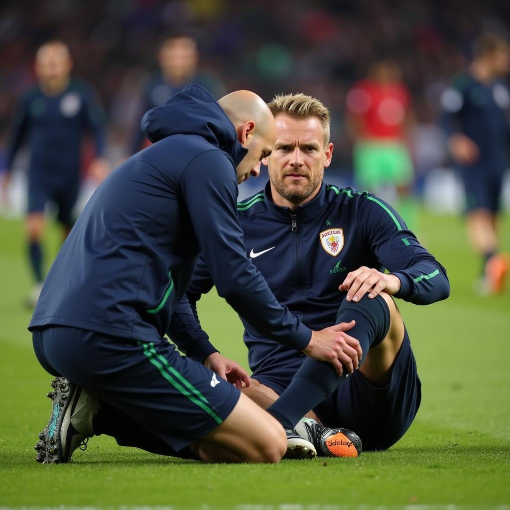 Erling Haaland being assessed by medical staff after a potential injury