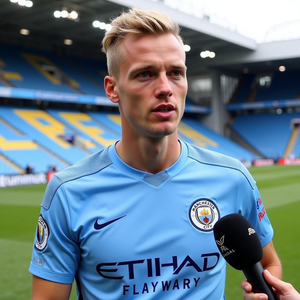 Erling Haaland gives an interview in a Manchester City shirt.