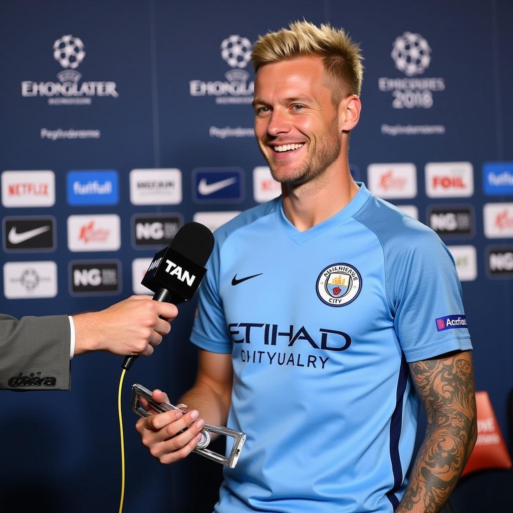 Erling Haaland giving an interview after a Man City game