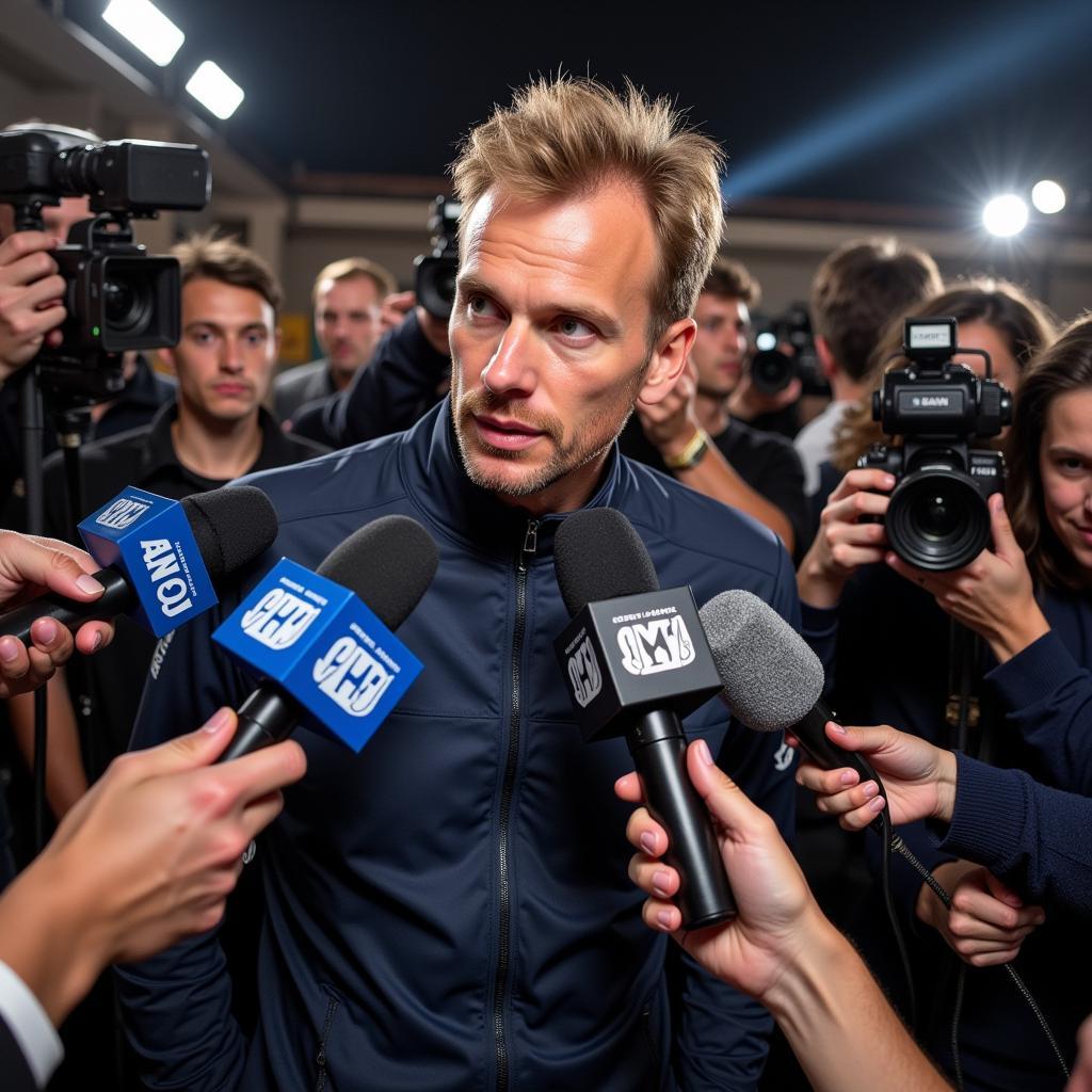 Erling Haaland being interviewed after a match, surrounded by cameras and microphones