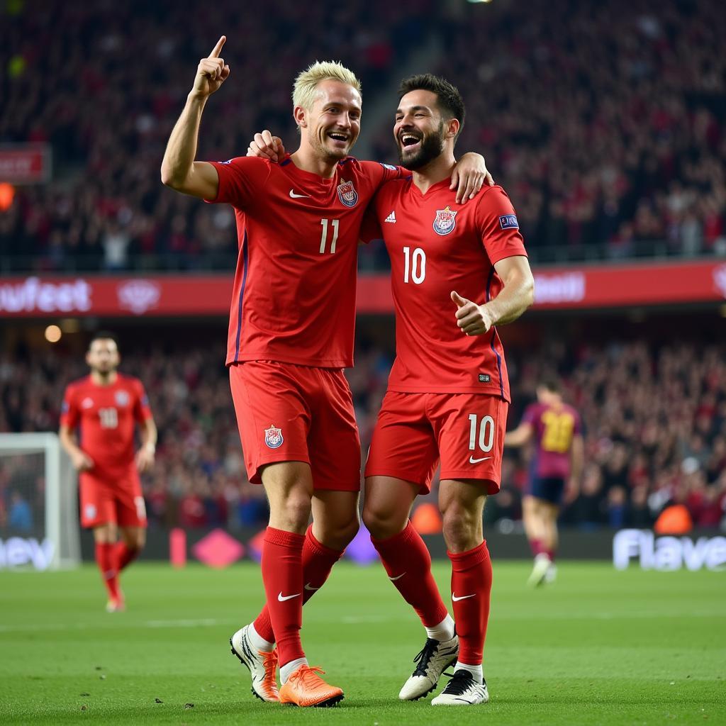 Haaland and Lasso celebrating a goal