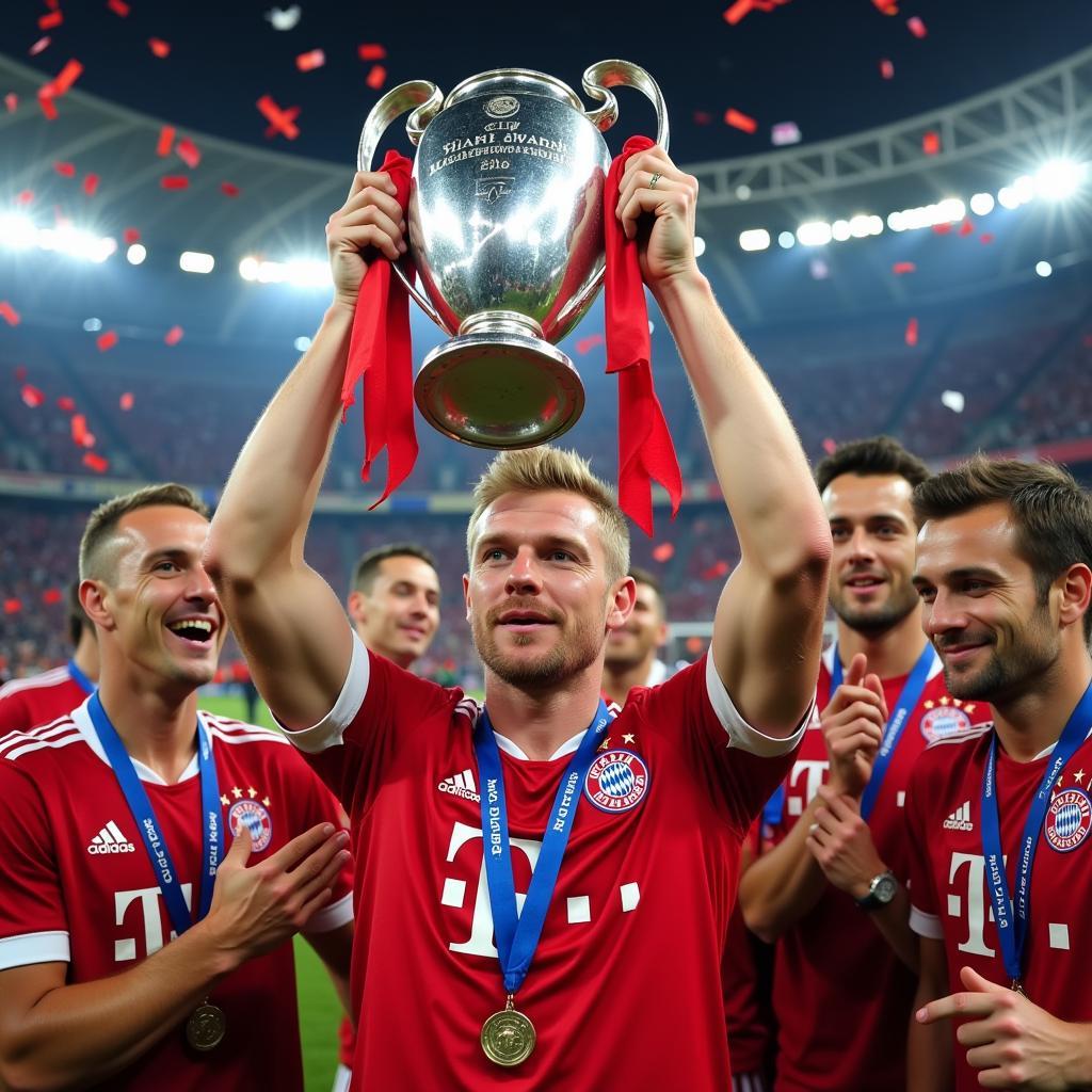 Haaland Lifting the Champions League Trophy with Bayern