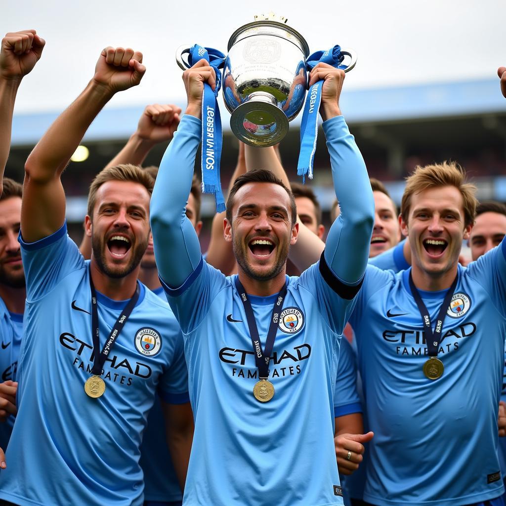 Haaland lifting a trophy with Man City