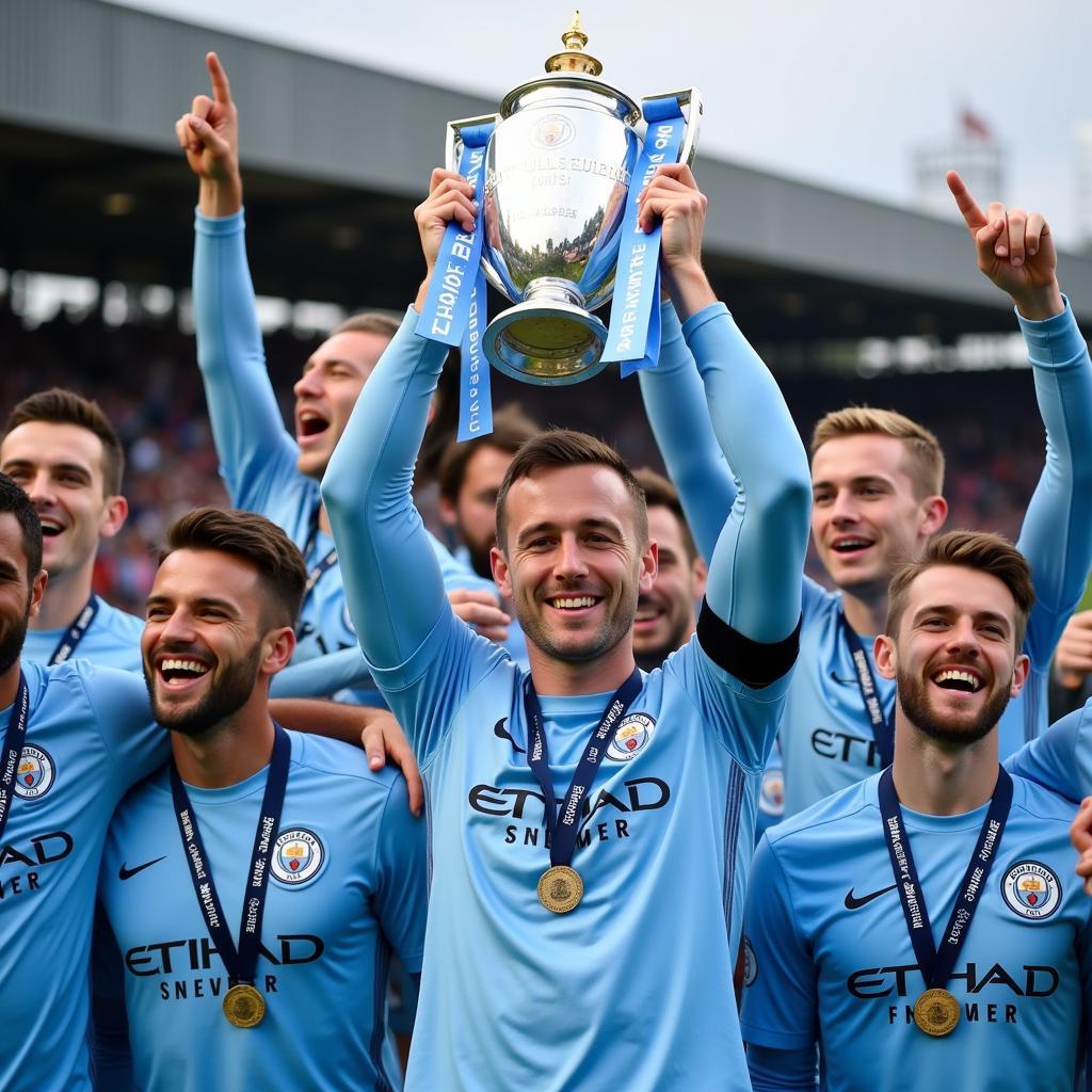 Erling Haaland lifting a trophy with Manchester City