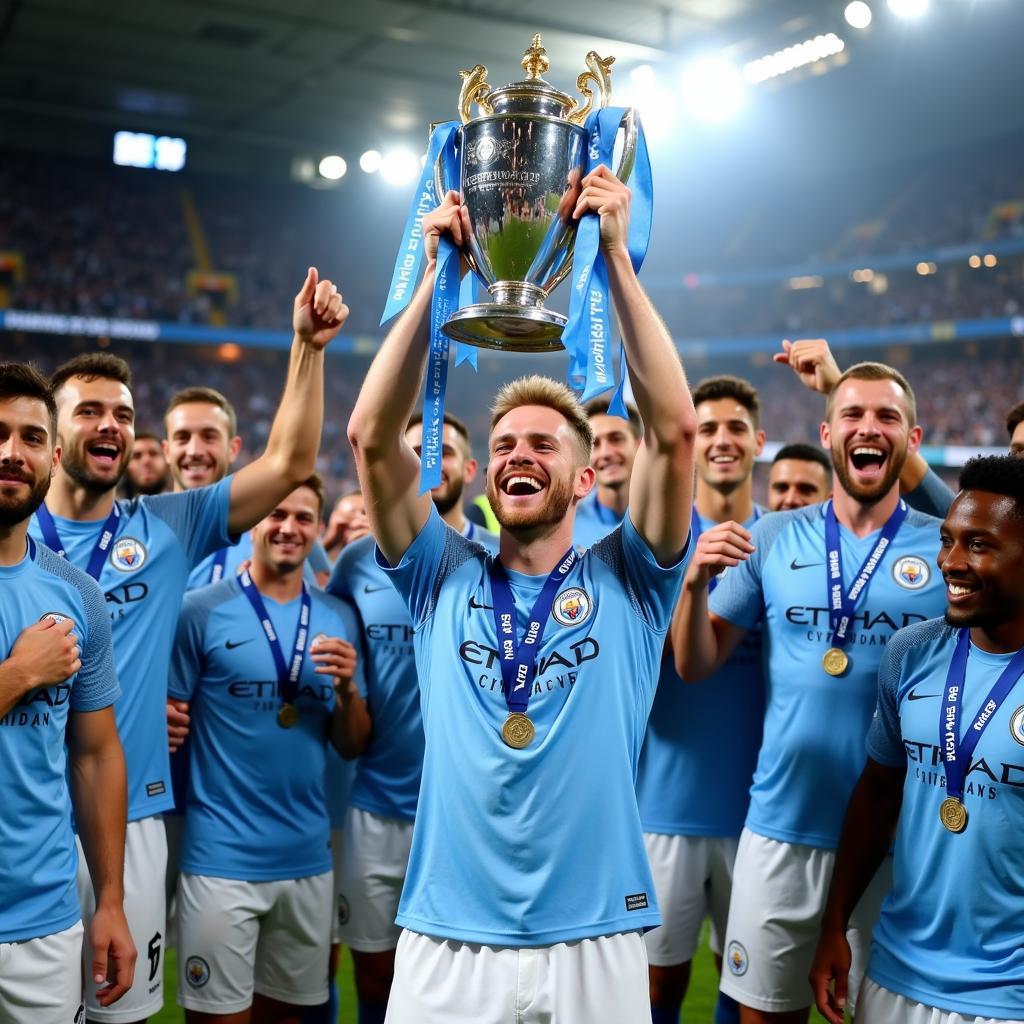 Erling Haaland lifts a trophy with Man City.