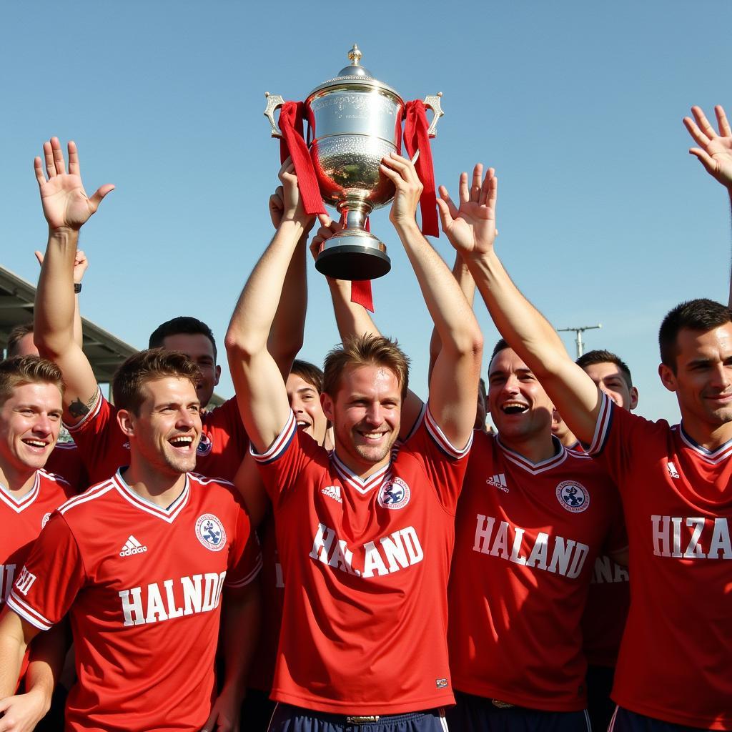 Haaland lifts a trophy with his teammates celebrating in the background, representing the importance of teamwork and collective success.