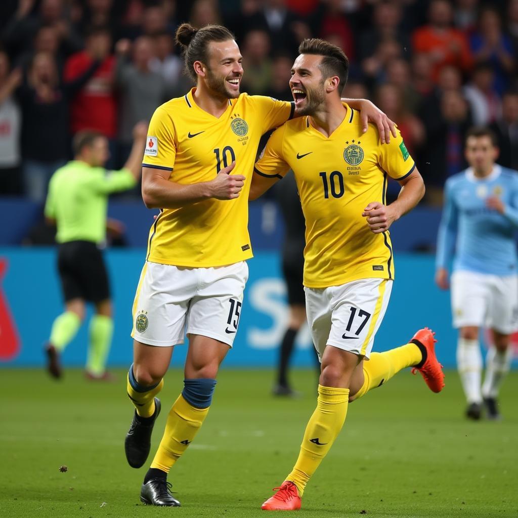 Haaland and Lo Celso celebrating a goal