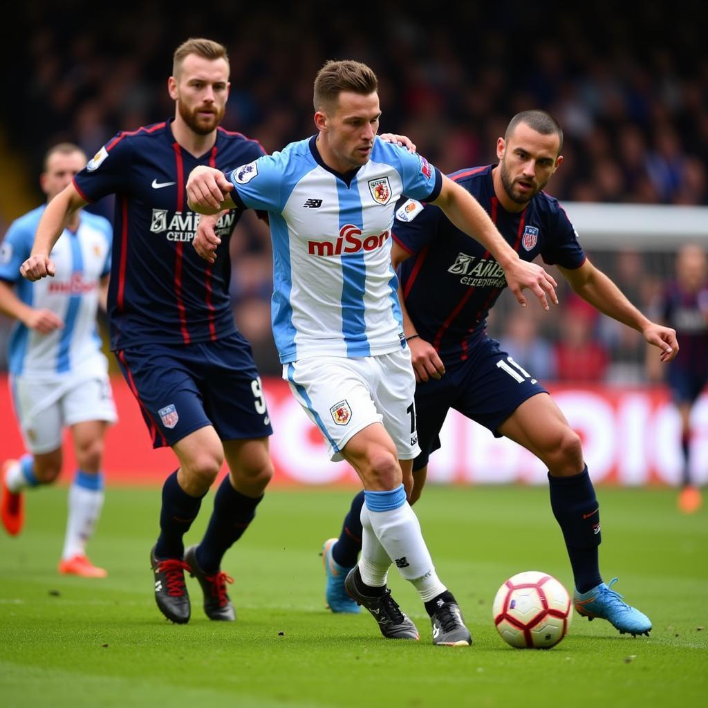 Haaland battling for the ball against Luton Town midfielders