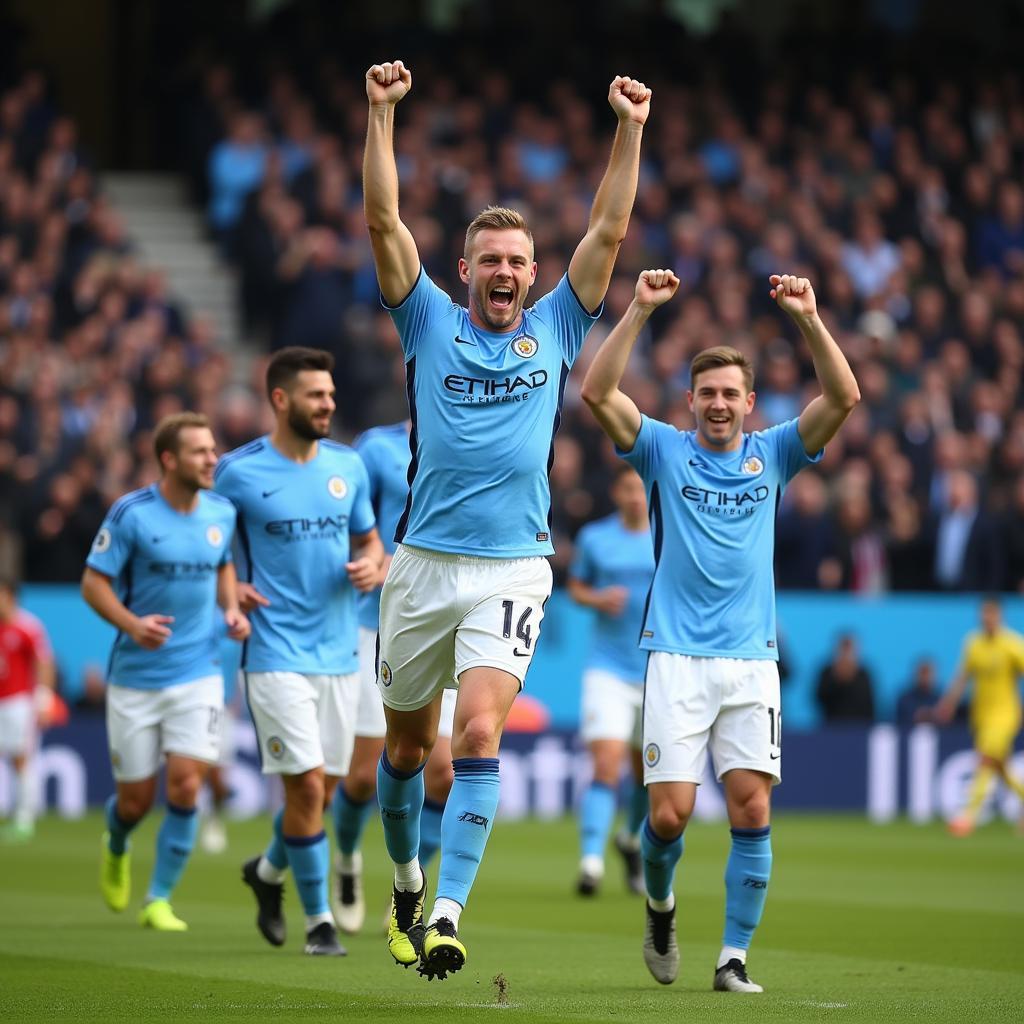 Haaland celebrating a goal with Man City teammates